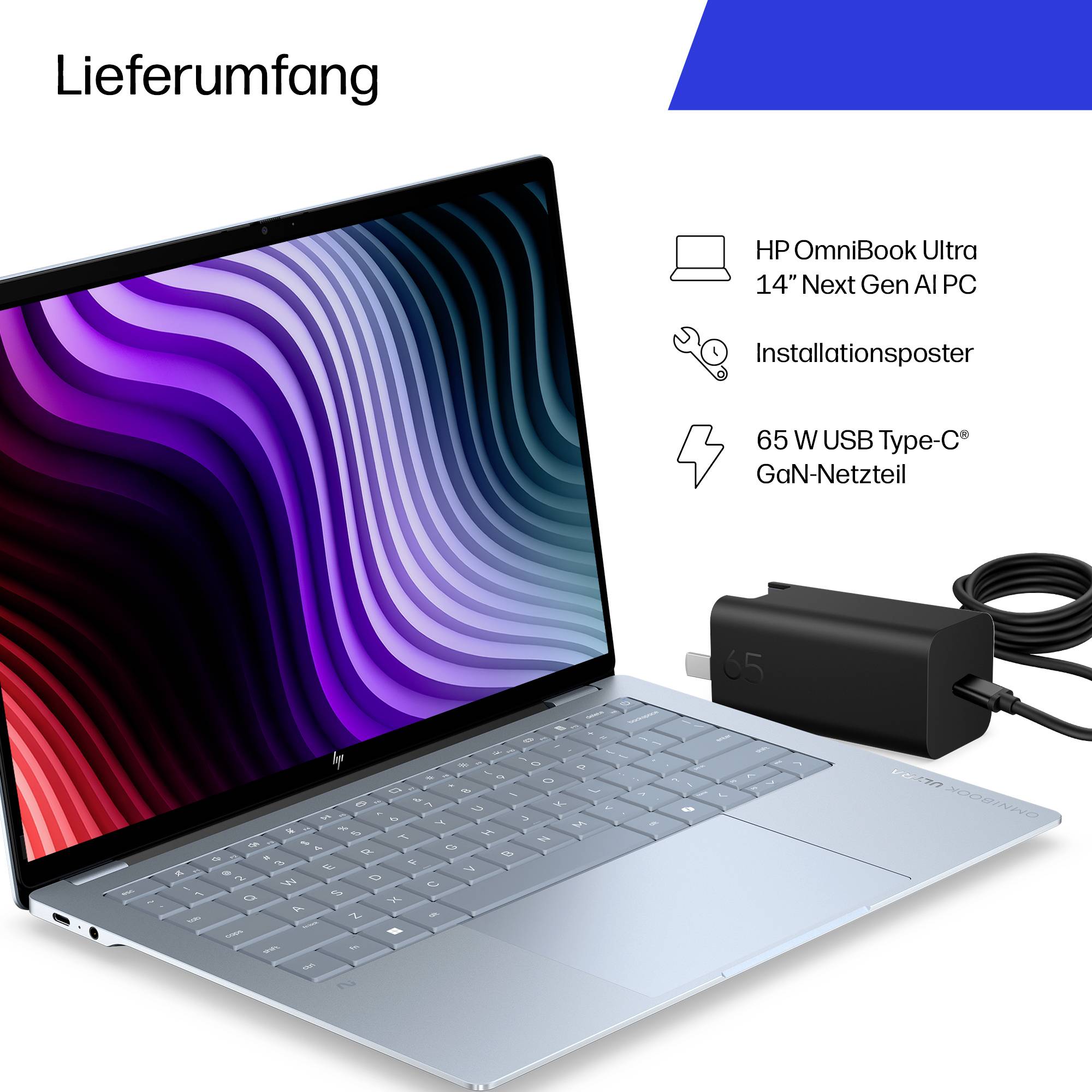 HP OmniBook Ultra 14 Next Gen AI PC mit Installationsplakat und 65W USB Typ-C G9 Netzteil unter der Überschrift „Lieferumfang".