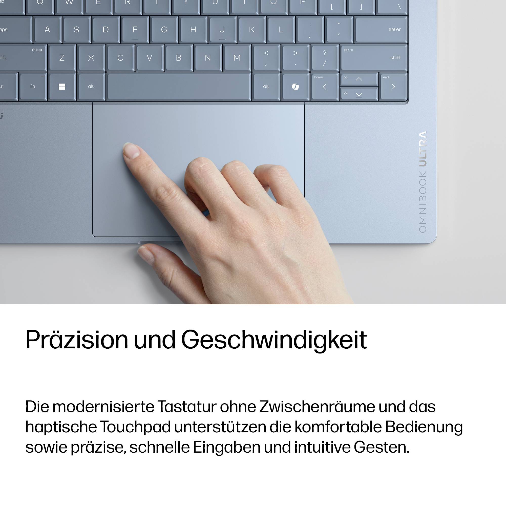 Hand nutzt Laptop-Touchpad unter der Tastatur; Deutscher Text sagt „Präzision und Geschwindigkeit" und bewirbt eine moderne, nahtlose Tastatur und ein haptisches Touchpad.