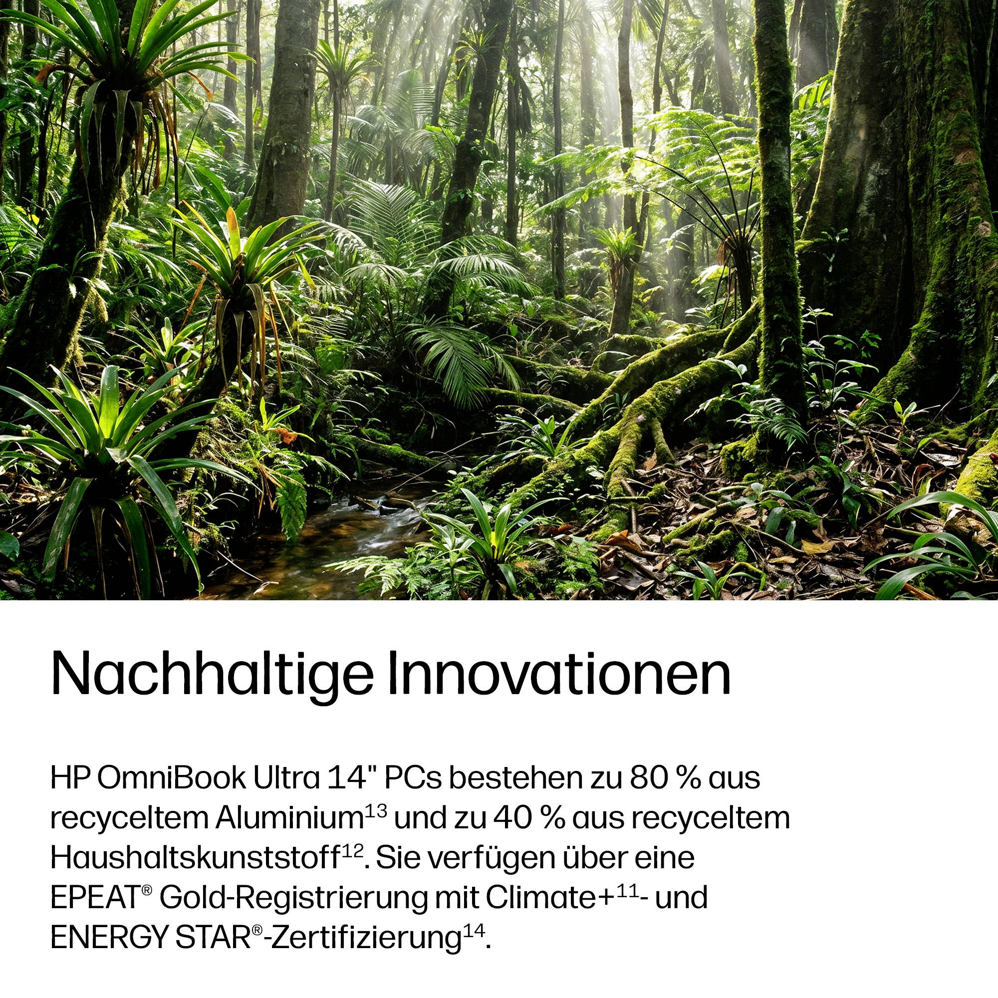 Üppige Regenwaldszene über deutschem Anzeigentext, der „Nachhaltige Innovationen" bewirbt und HP OmniBook Ultra 14" PCs aus recycelten Materialien mit EPEAT- und ENERGY STAR-Zertifizierungen bewirbt.