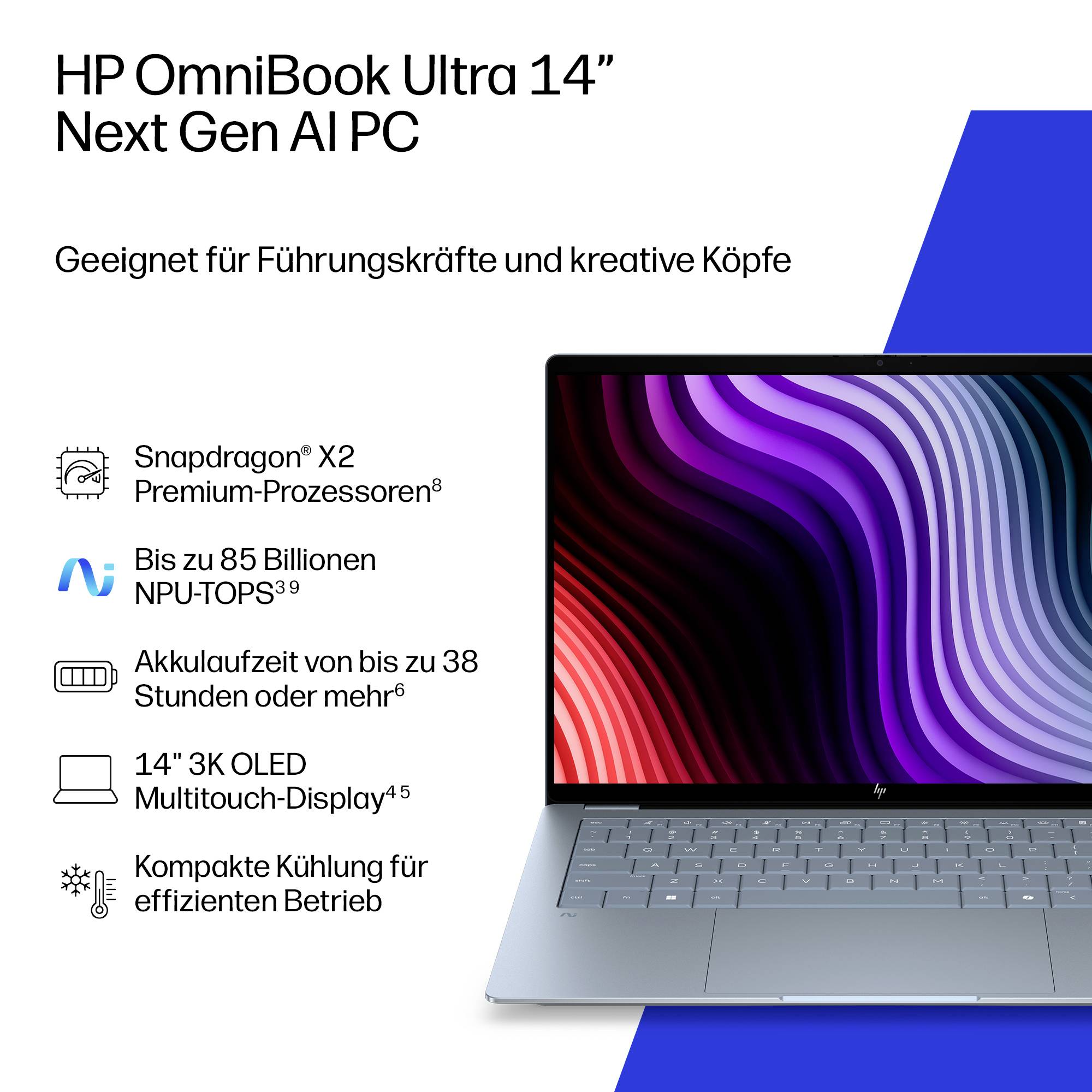 Anzeige für HP OmniBook Ultra 14 Next Gen AI PC, mit Laptop und Funktionen: Snapdragon X2, bis zu 85 Milliarden NPU TOPS, bis zu 38-Stunden-Akku, 14-Zoll-3K-OLED-Touchscreen, kompakte Kühlung.