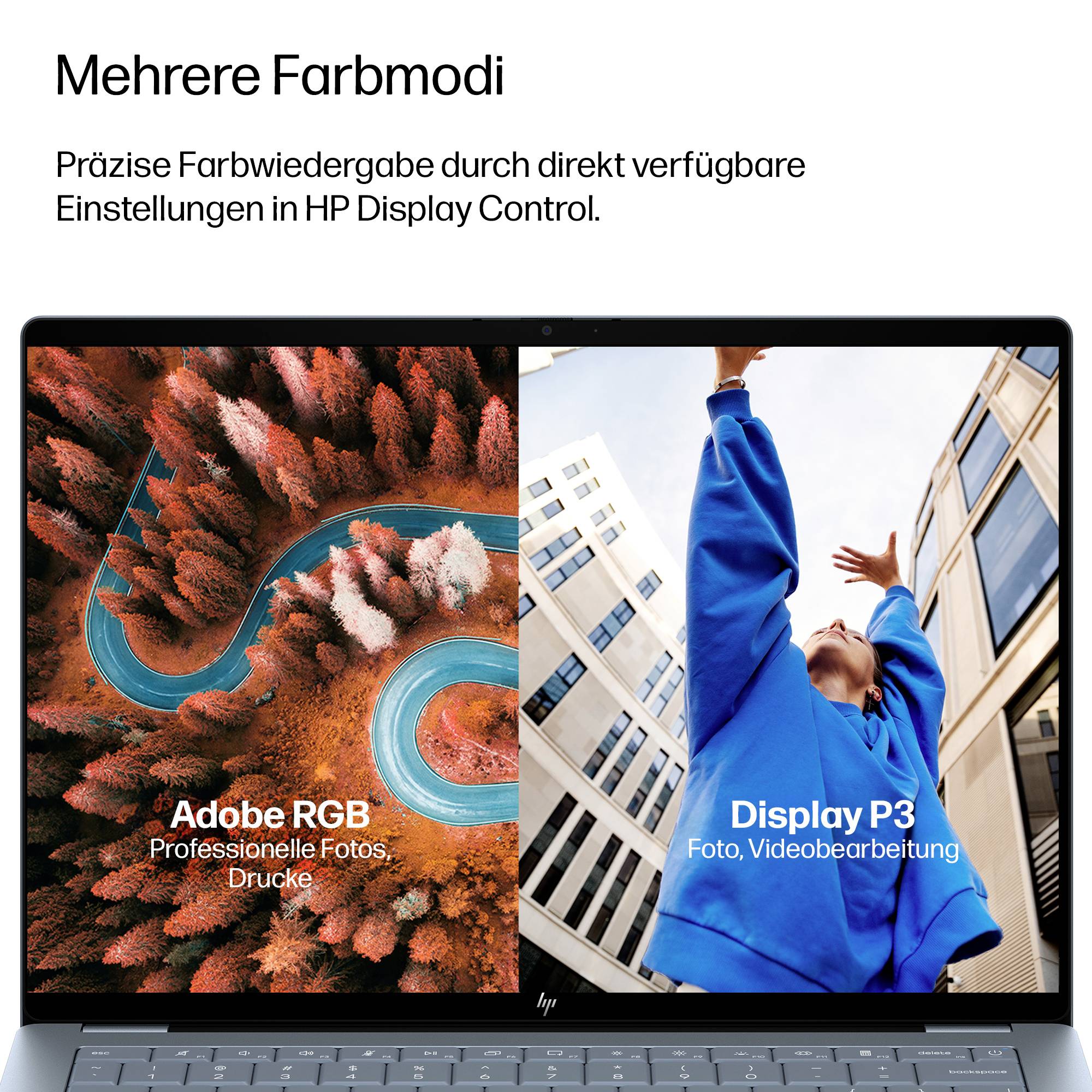 HP-Laptop-Display mit zwei Farbmodi: Adobe RGB für professionelle Fotos und Druck sowie Display P3 für Foto- und Videobearbeitung.