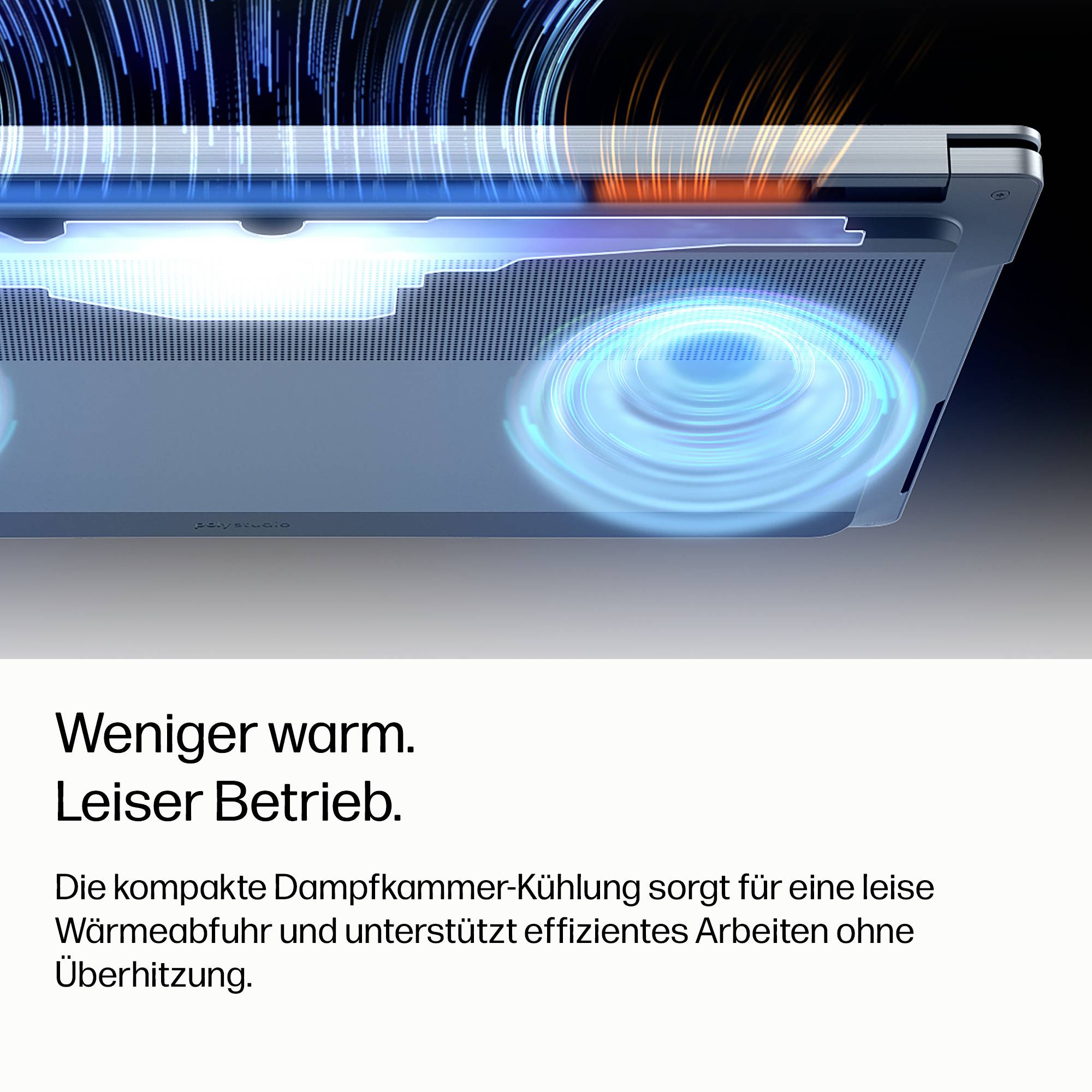 Laptop-Kühlungsgrafik mit blauem Luftstrom, die leiseren Betrieb und reduzierte Wärmeerzeugung fördert; der Text lautet „Weniger warm. Leiser Betrieb." und erklärt die Dampfkammer-Kühlung.