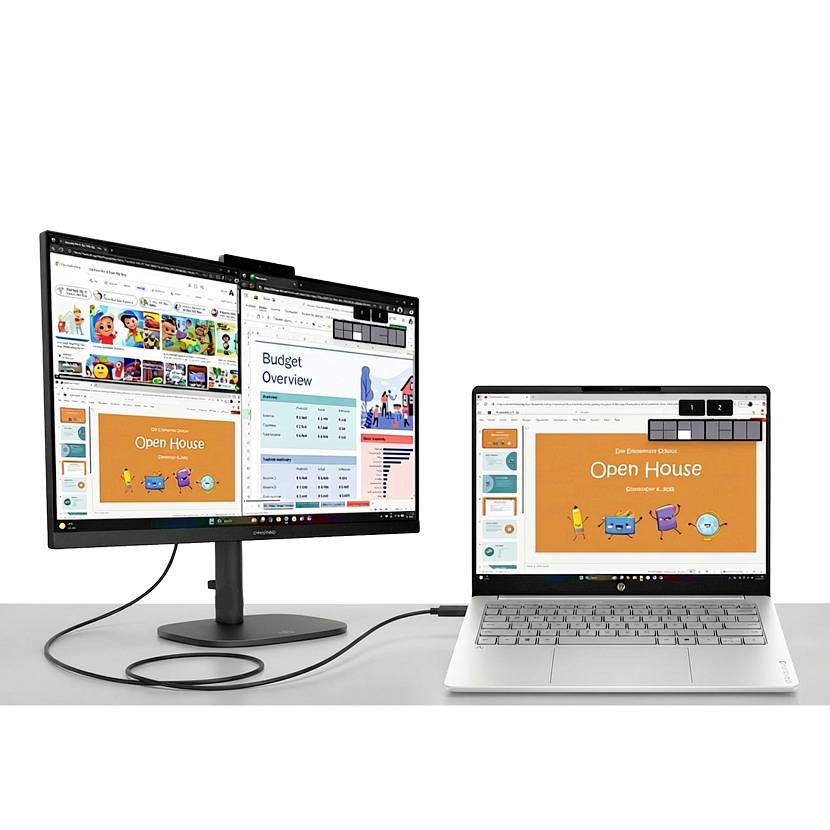 Laptop verbunden mit einem Monitor, der mehrere Fenster und eine Präsentationsfolie mit dem Titel „Open House" anzeigt, was auf Bildschirmfreigabe oder erweiterte Anzeigetypen hindeutet.