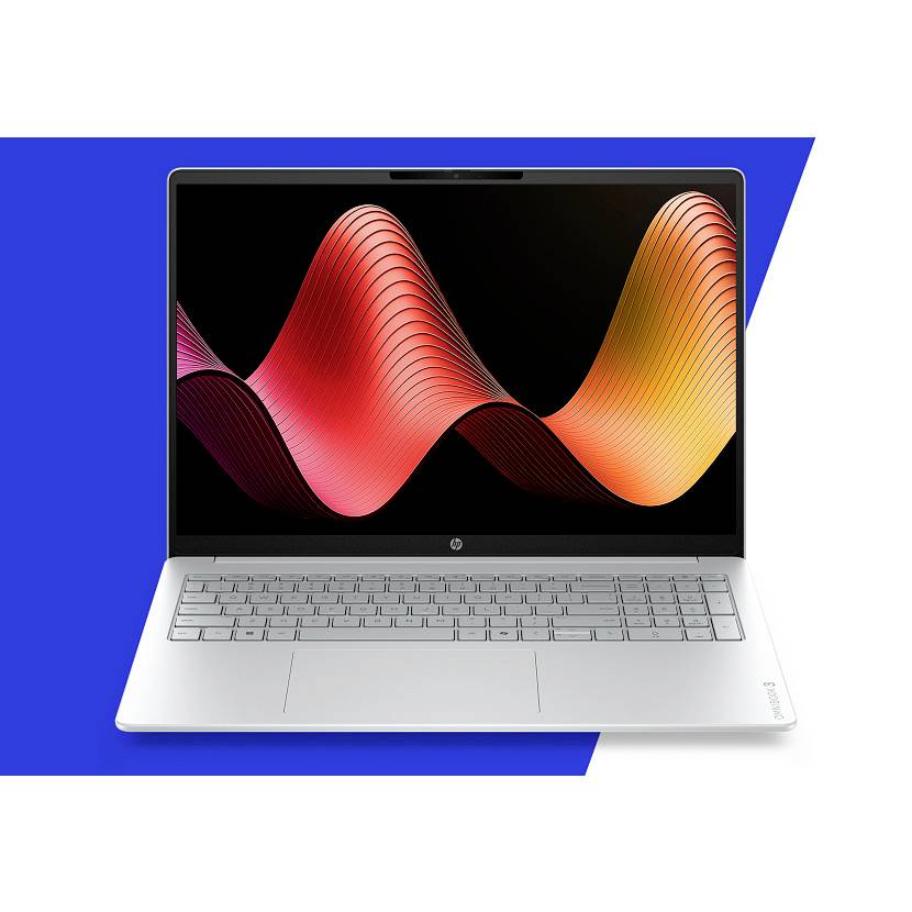 Silberner Laptop mit Bildschirm, auf dem eine farbenfrohe abstrakte Wellengrafik auf blauem Hintergrund angezeigt wird.