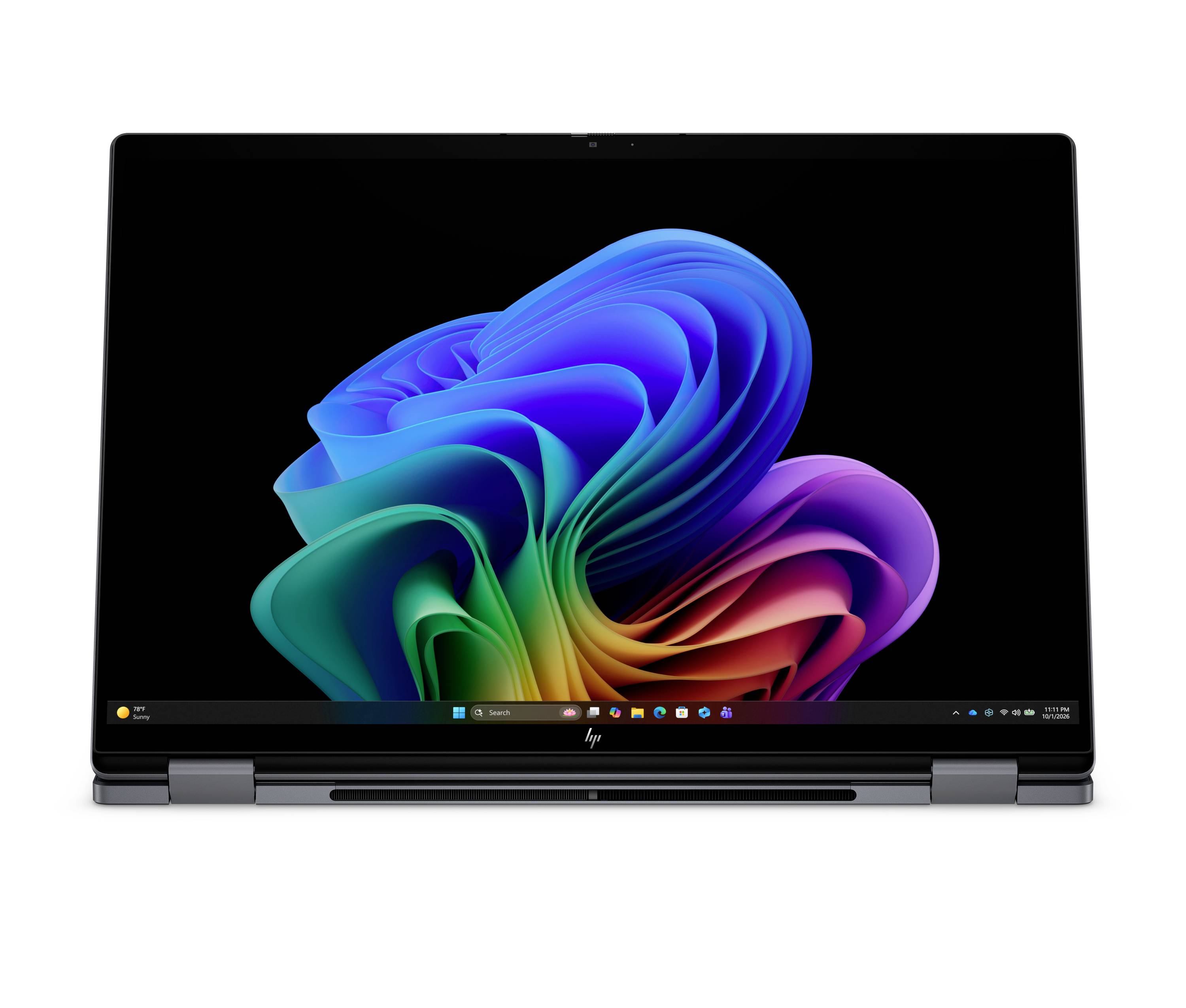 HP-Laptop zeigt den Windows-11-Desktop mit einem bunten abstrakten Hintergrundbild auf einem schwarzen Bildschirm