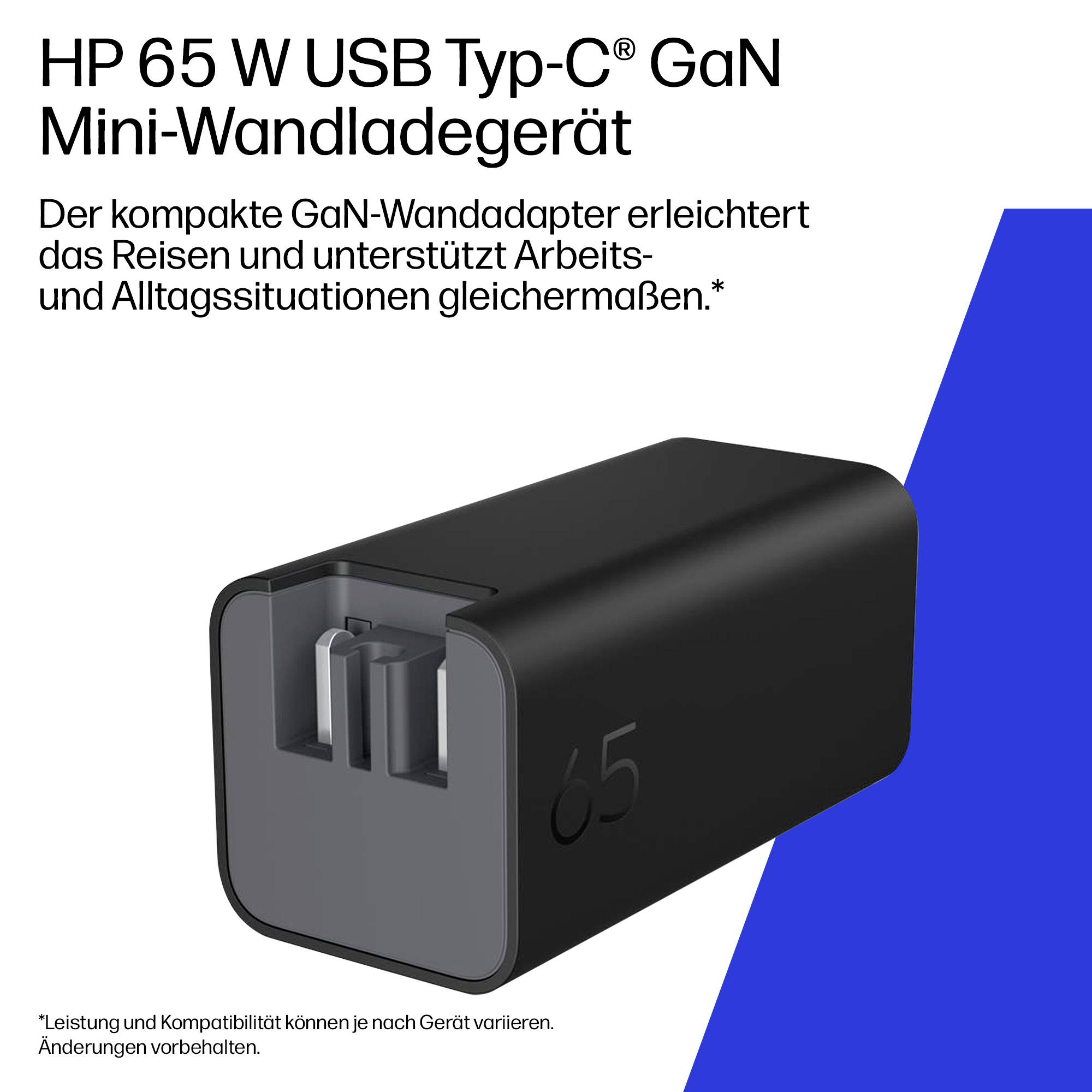 HP 65-W-USB-C-GaN-Mini-Wandladegerät in Schwarz, dargestellt mit deutschem Text, das kompaktes Design für Reisen und den täglichen Gebrauch hervorhebt.
