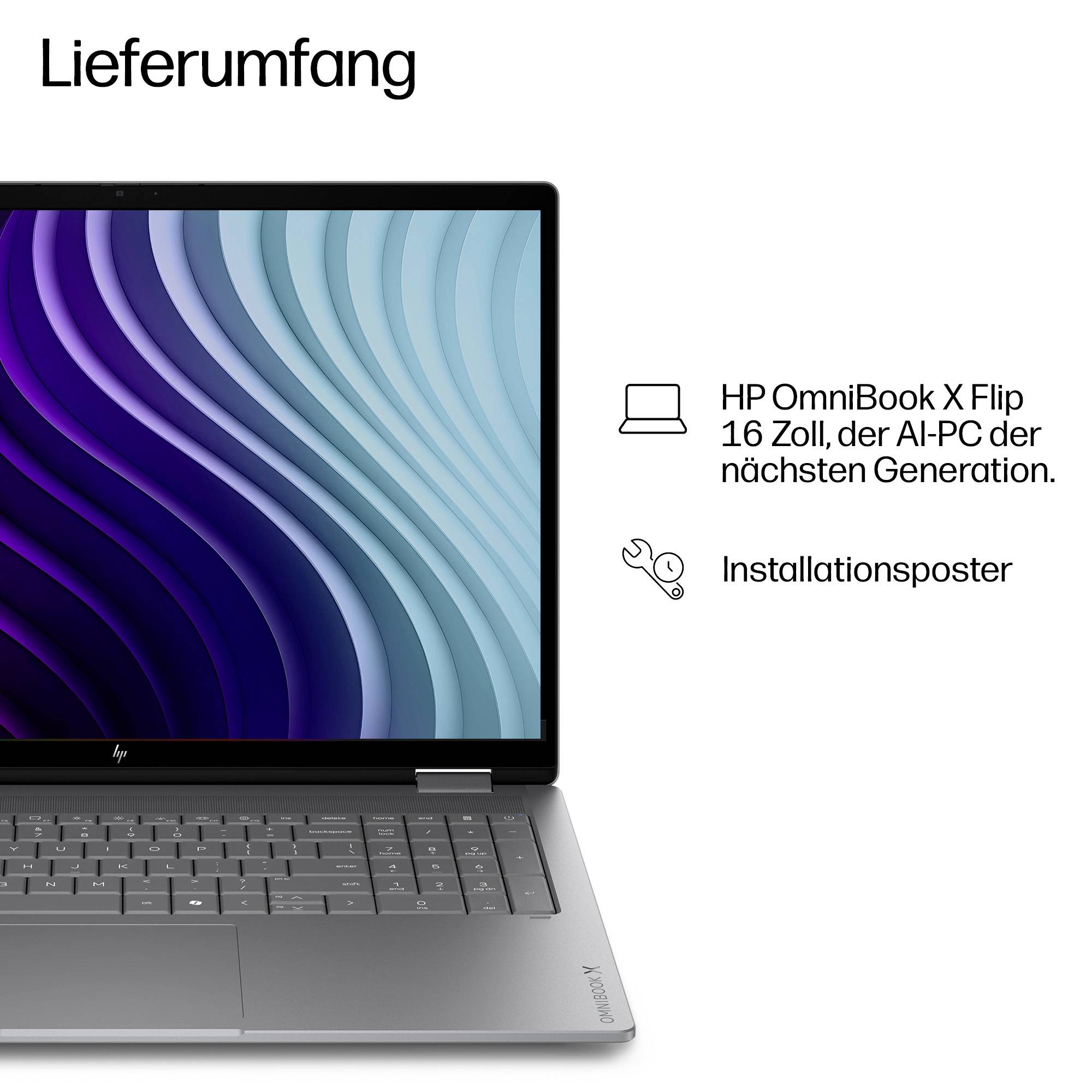Lieferumfang für einen HP OmniBook X Flip 16-Zoll-Laptop und ein Installationsplakat, das neben einem Bild des Laptops gezeigt wird.