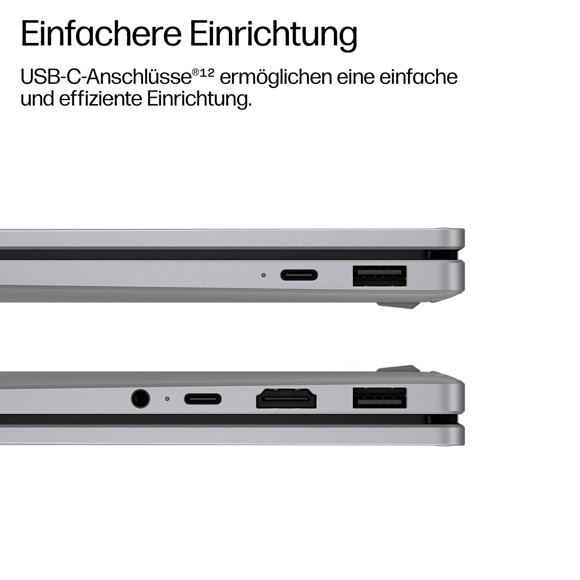 Einfachere Einrichtung; Seitenansicht von zwei Laptops mit USB-C-Anschlüssen und anderen Steckverbindern für einfache, effiziente Einrichtung.