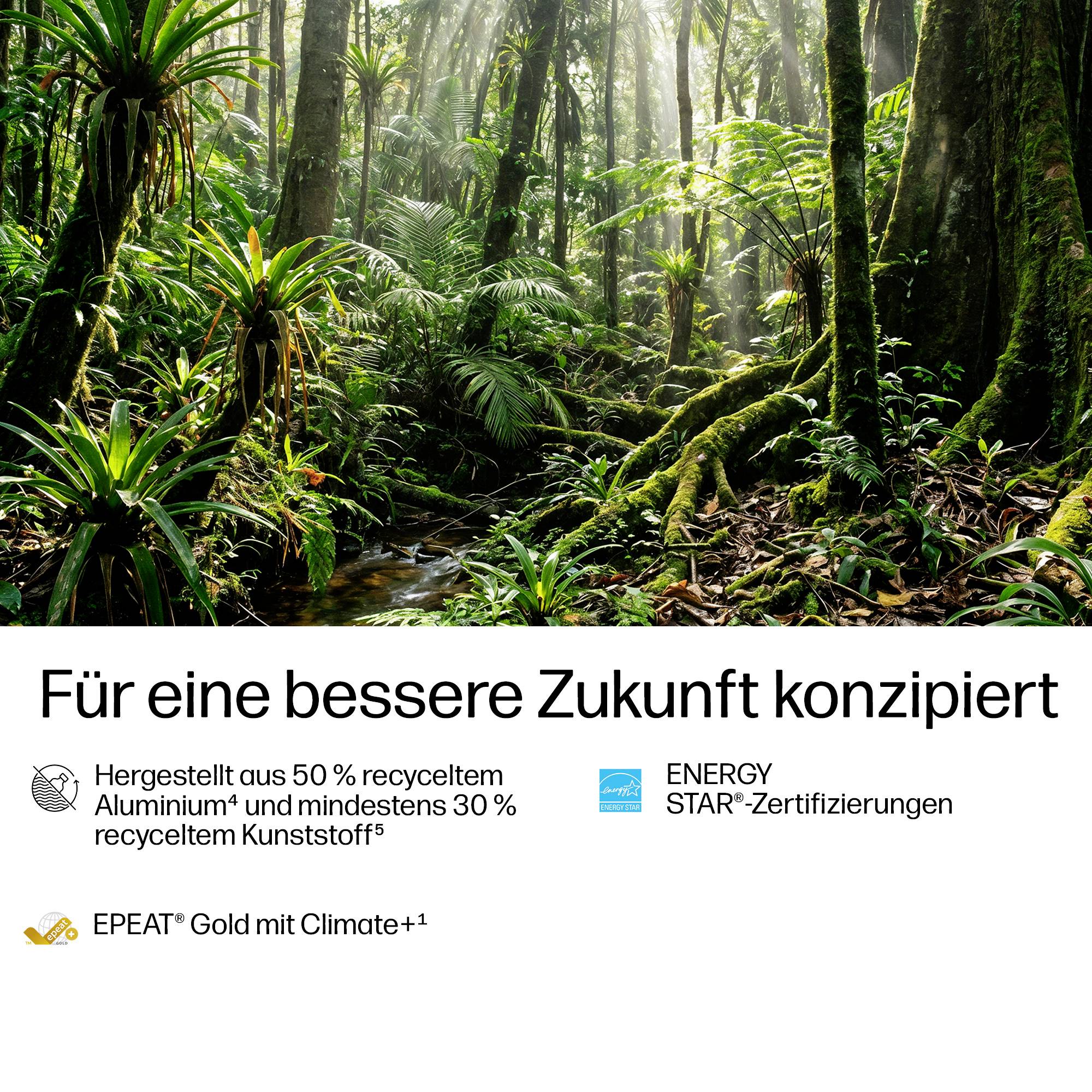 Regenwald-Szenerie über Öko-Label-Text auf Deutsch: „Für eine bessere Zukunft konzipiert", mit Vermerken für 50 % recyceltes Aluminium, 30 % recyceltes Kunststoff und ENERGY STAR- sowie EPEAT Gold-Zertifizierungen.