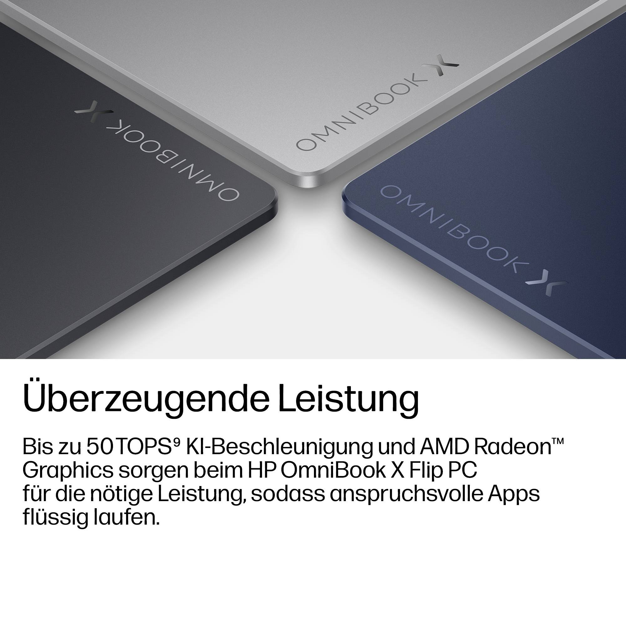 HP OmniBook X Laptops in drei Farben oben deutscher Text, der leistungsstarke Leistung bewirbt, bis zu 50 TOPS AI-Beschleunigung und AMD Radeon-Grafik.