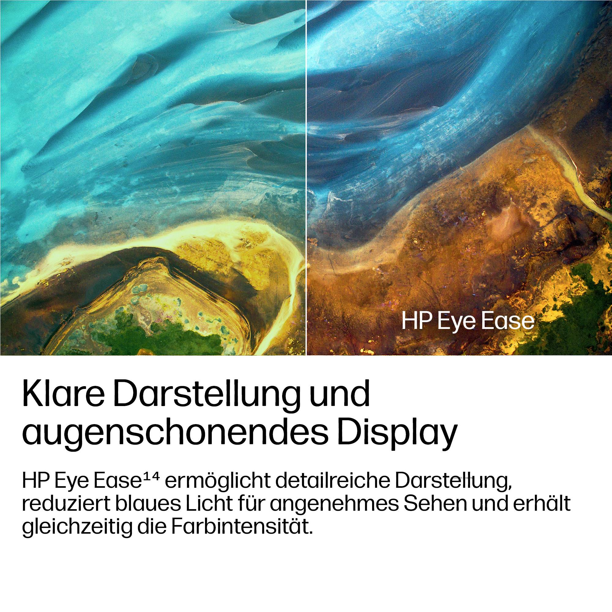 Werbegrafik, die lebendige Display-Farben mit HP Eye Ease bei aktiviertem Blaulichtfilter vergleicht; deutscher Text sagt "klares Display und augenschonendes Display".