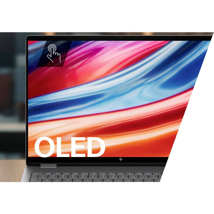 Ein Laptop-Display zeigt bunte abstrakte Streifen mit großem "OLED"-Text und einem Touch-Symbol in der oberen linken Ecke.