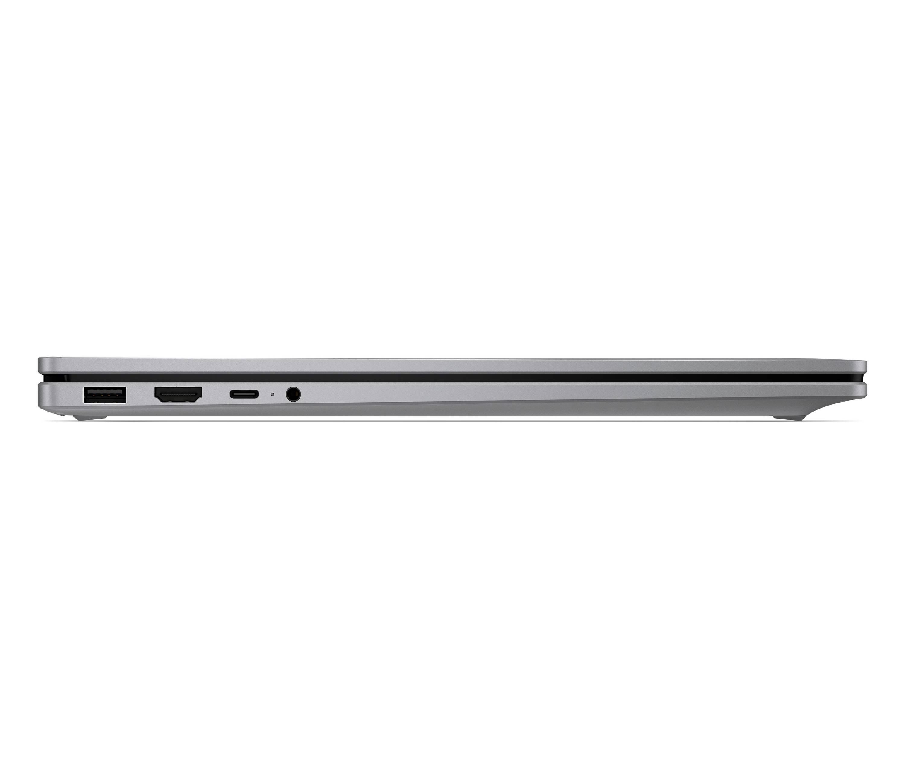 Seitenansicht eines dünnen silbernen Laptops, der mehrere Anschlüsse an der linken Kante und eine Kopfhörerbuchse zeigt.
