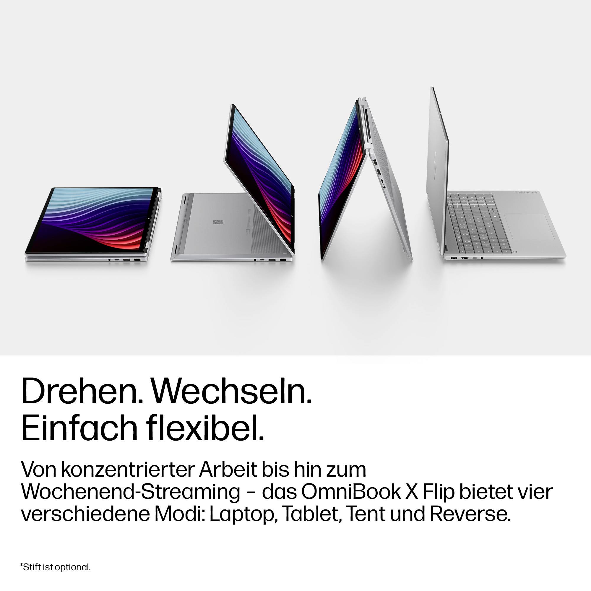Werbeabbildung des OmniBook X Flip in vier Modi: Laptop, Tablet, Zelt und Umgekehrt. Deutscher Text sagt „Drehen. Wechseln. Einfach flexibel."