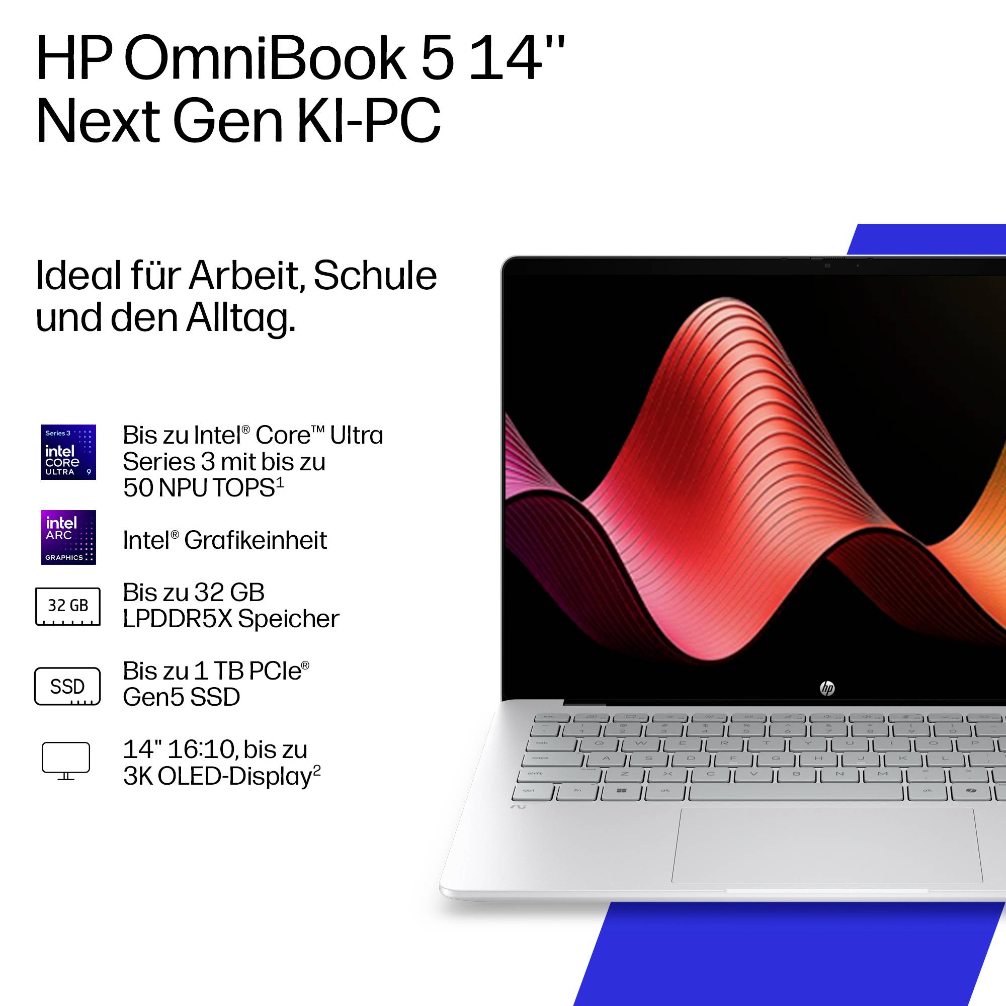 HP OmniBook 5 14 Next Gen KI-PC Laptop-Anzeige zeigt ein silbernes 14-Zoll-Notebook und deutschen Feature-Text: Intel Core Ultra 3, bis zu 32 GB RAM, 1 TB SSD, 3K OLED-Display.