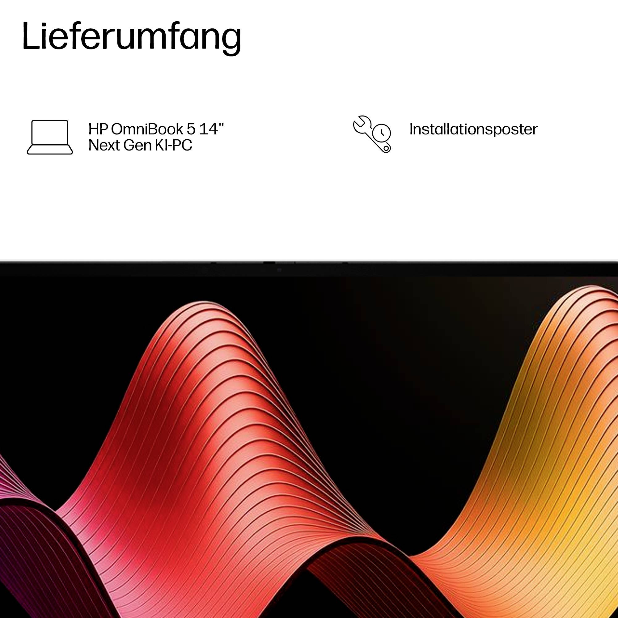 Lieferumfang für HP OmniBook 5 14" Next Gen KI-PC, einschließlich eines Installationsplakats, dargestellt über einer dekorativen abstrakten Wellengrafik.