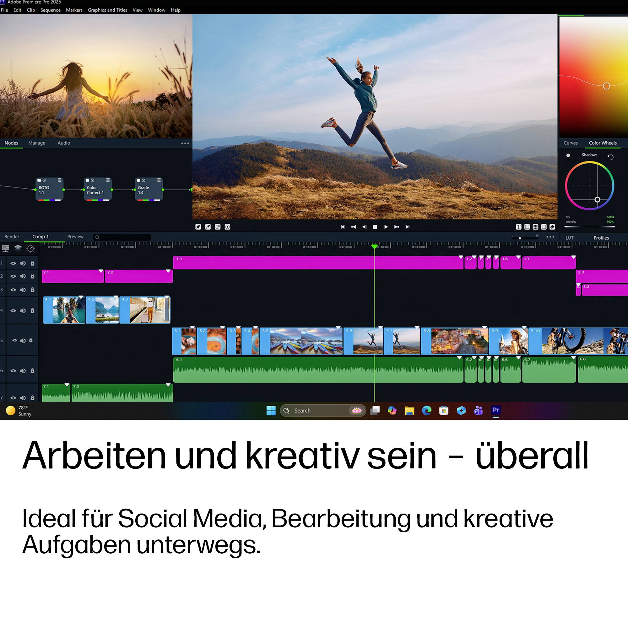 Werbebild einer laptop-ähnlichen Videobearbeitungsoberfläche mit Medienvorschau, Timeline und Farbwerkzeugen über dem deutschen Text „Arbeiten und kreativ sein – überall" und „Ideal für Social Media, Bearbeitung und kreative Aufgaben unterwegs."