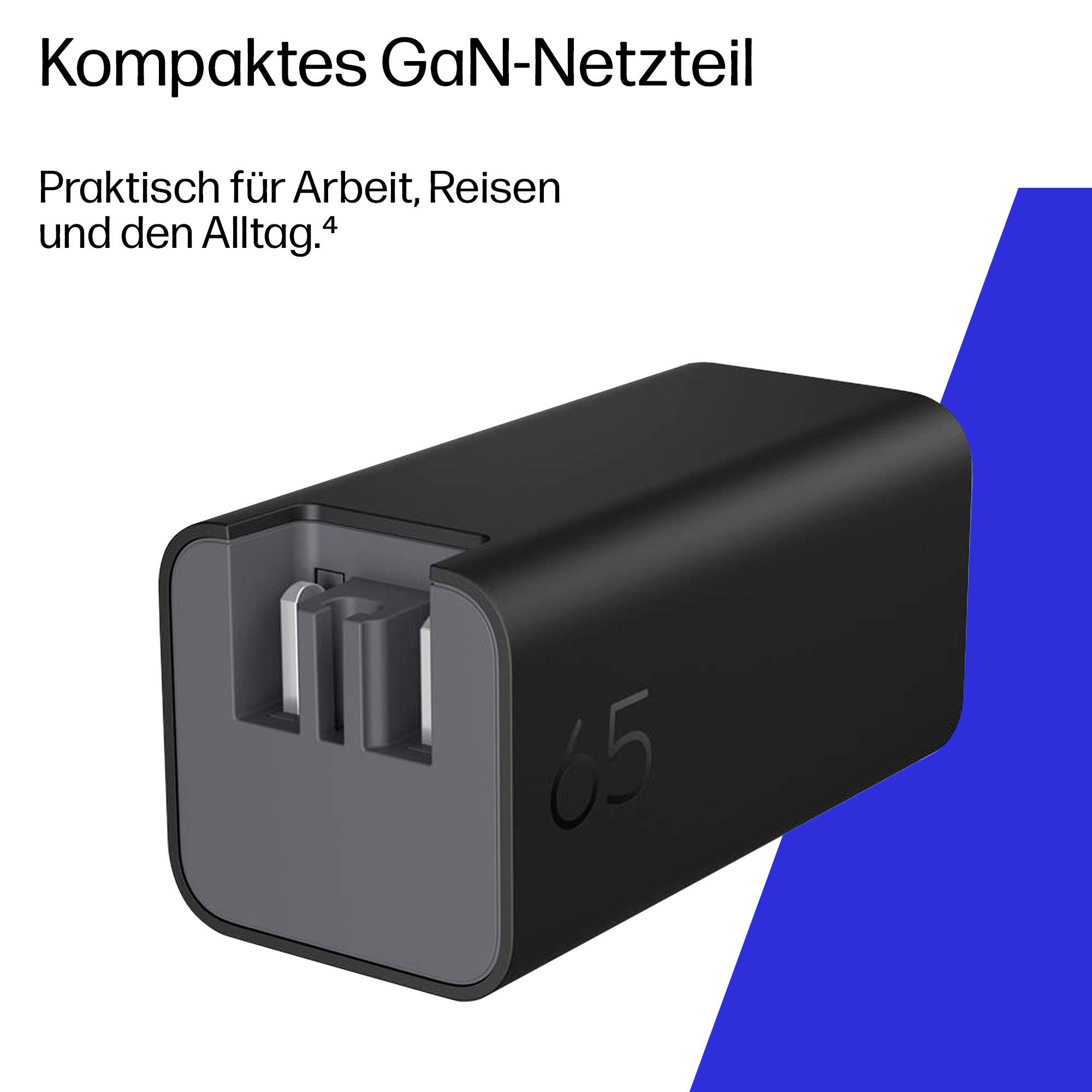 Schwarzer kompakter 65W GaN-Netzteil, gezeigt in der Produktansicht mit deutschem Text „Kompaktes GaN-Netzteil" und „Praktisch für Arbeit, Reisen und den Alltag."