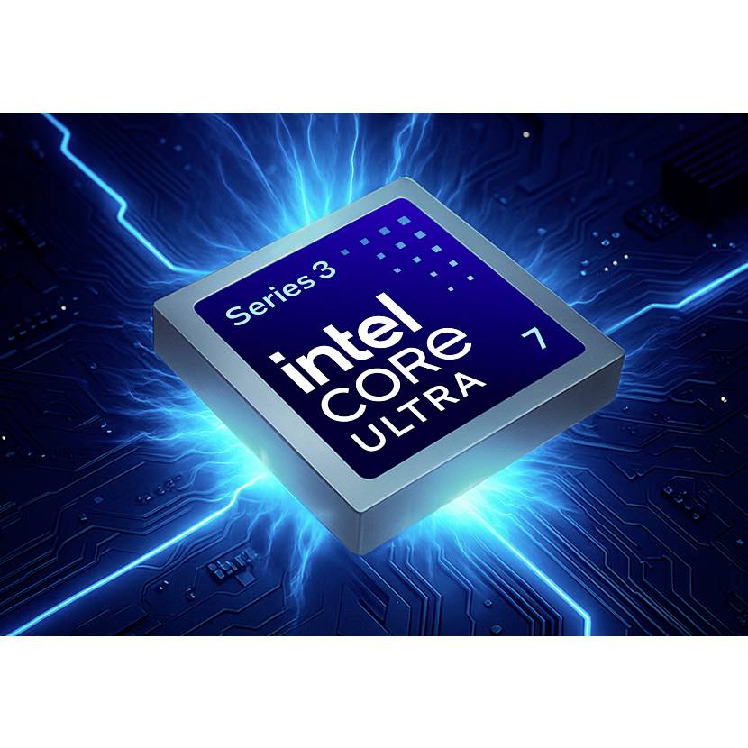 Illustration eines Intel Core Ultra 7 Series 3 Prozessor-Chips, der auf einer Leiterplatte blau leuchtend dargestellt ist