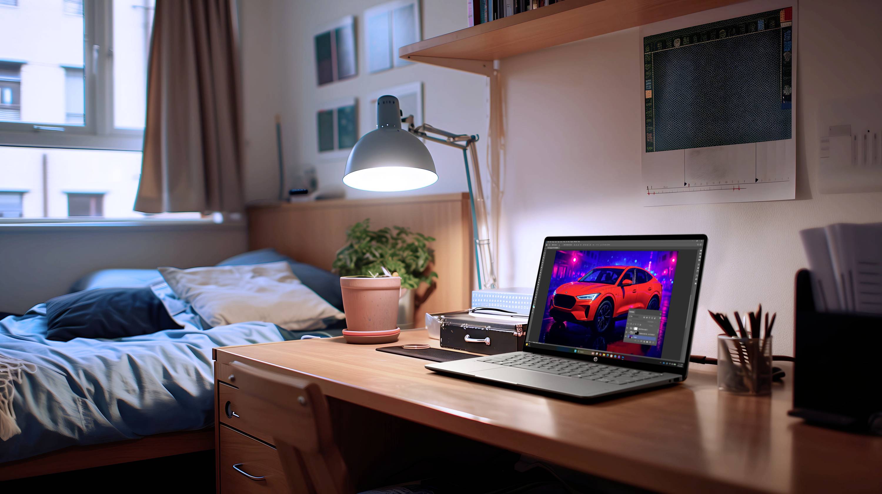 Ein Laptop auf einem Schreibtisch zeigt das Bild eines leuchtend roten Autos in einem gemütlichen Schlafzimmer-Arbeitsbereich mit einem Bett, einer Lampe und einem Fenster.