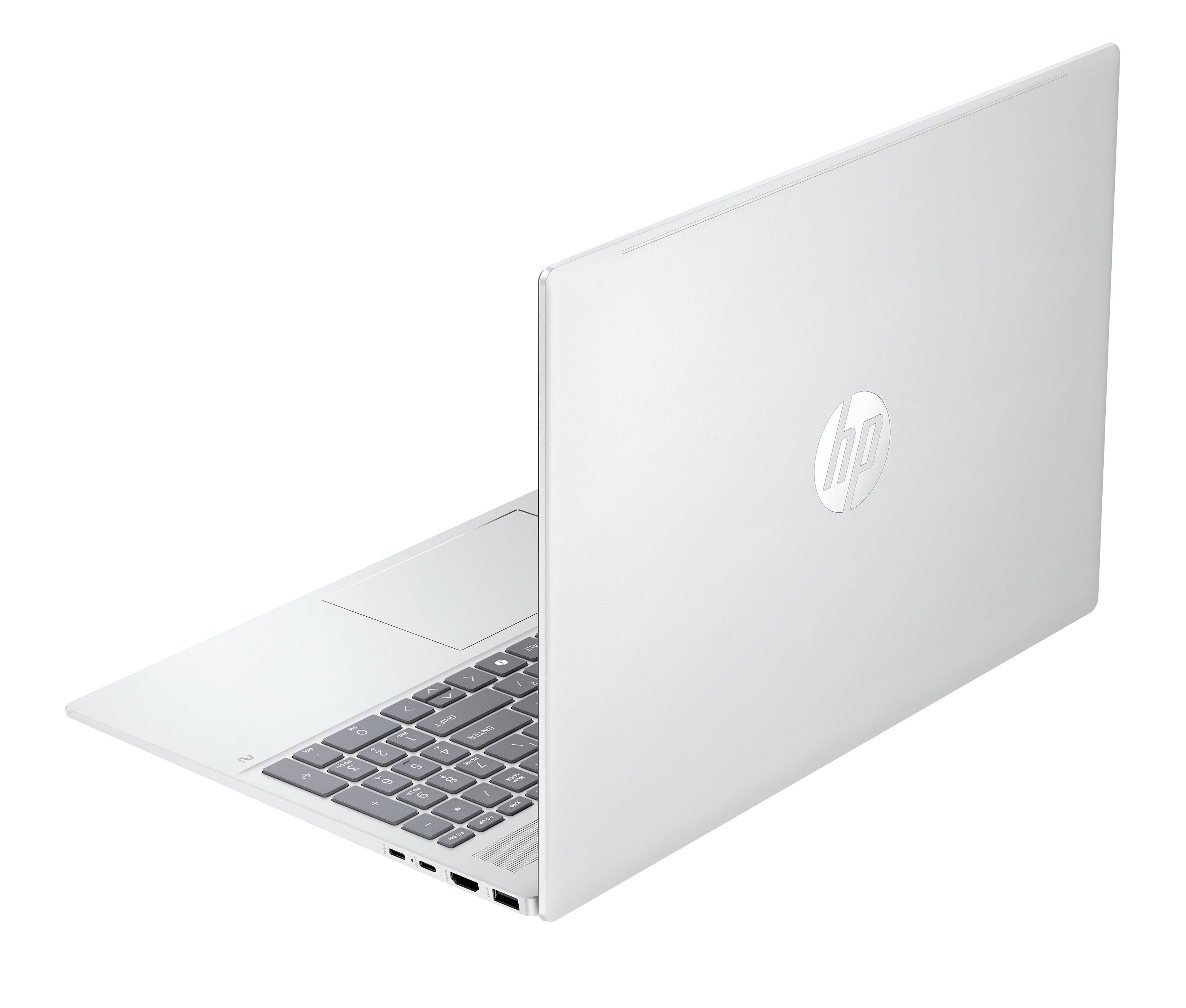 Silberner HP-Laptop, teilweise geöffnet auf weißem Hintergrund, mit sichtbarer Tastatur und dem HP-Logo in der Mitte auf dem Deckel.
