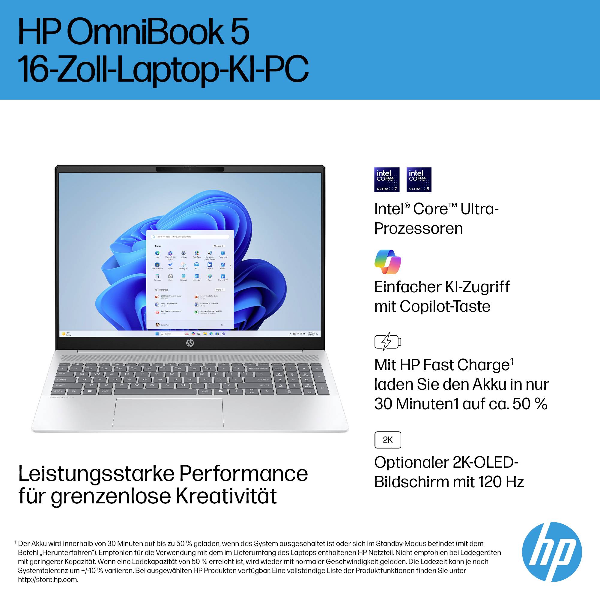 HP OmniBook 5 16-Zoll-Laptop-KI-PC, dargestellt mit Windows 11, plus Beschriftungen für Intel Core Ultra Prozessoren, Copilot-Taste für KI-Zugriff, schnelles Laden und optionales 2K OLED 120-Hz-Display.