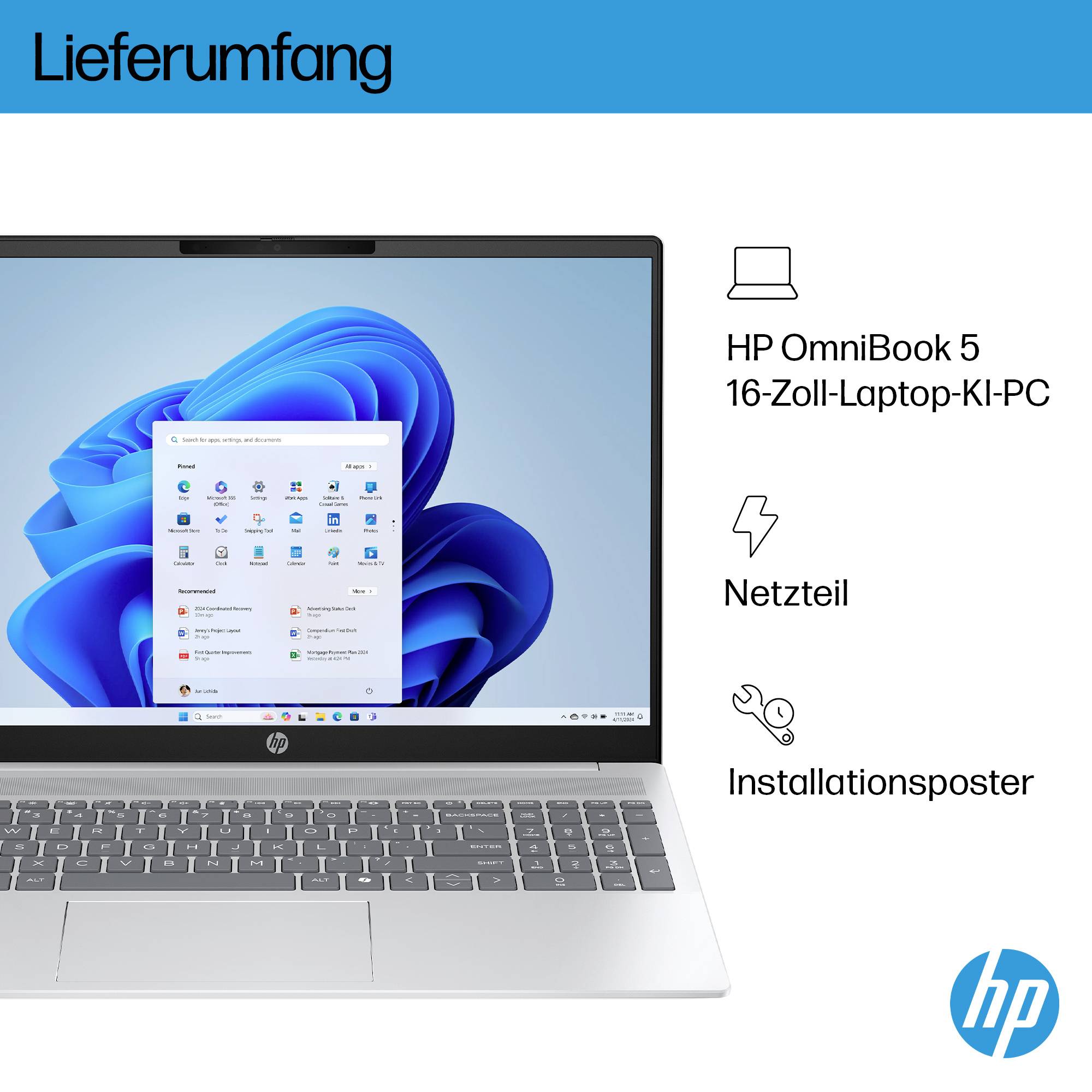 HP OmniBook 5 16-Zoll-Laptop-Paketinhalt gezeigt: Laptop, Netzteil und Installationsposter.