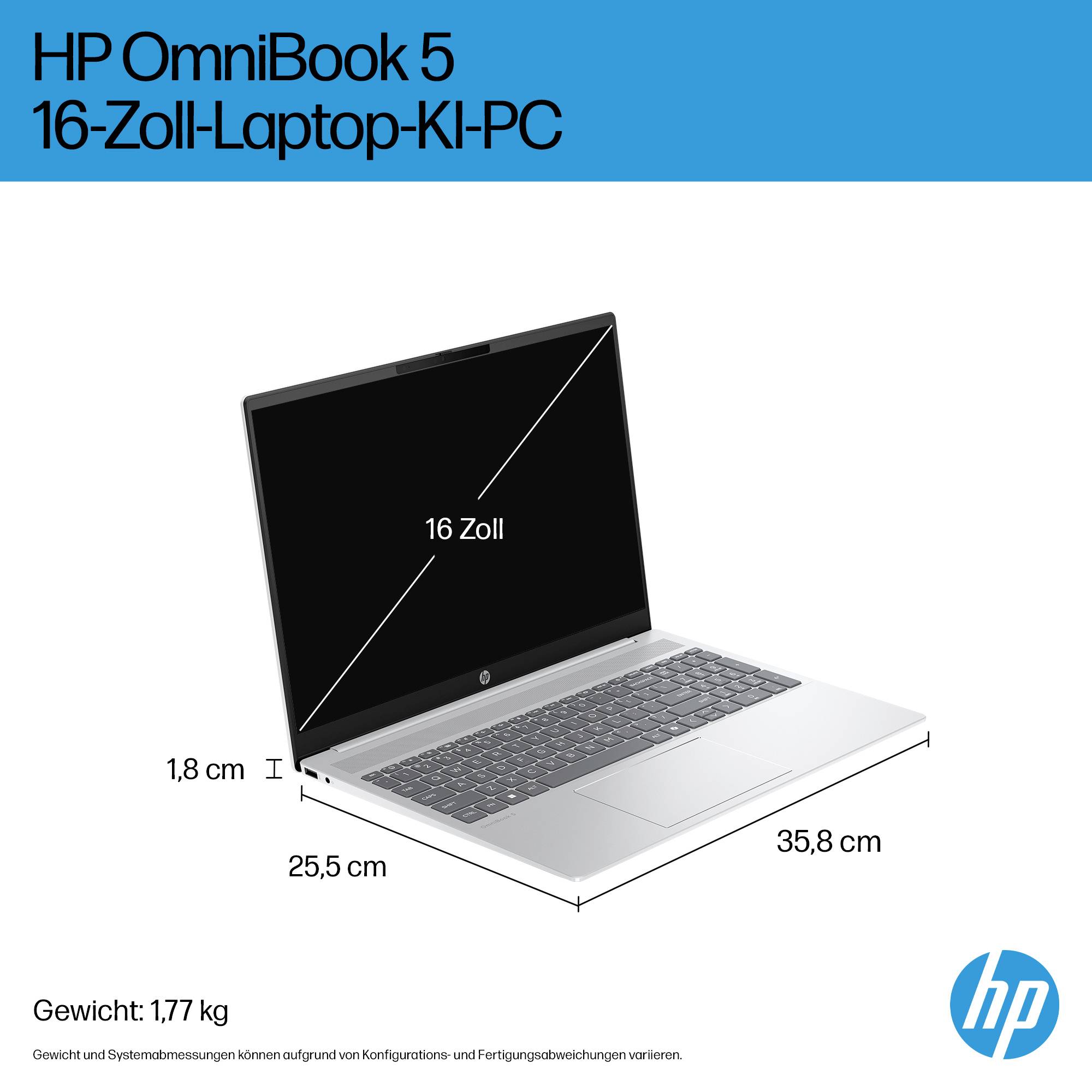 HP OmniBook 5 16-Zoll-Laptop in einer Produktabbildung dargestellt, mit Größenangaben: 16-Zoll-Bildschirm, 35,8 cm breit, 25,5 cm tief, 1,8 cm dick, 1,77 kg.