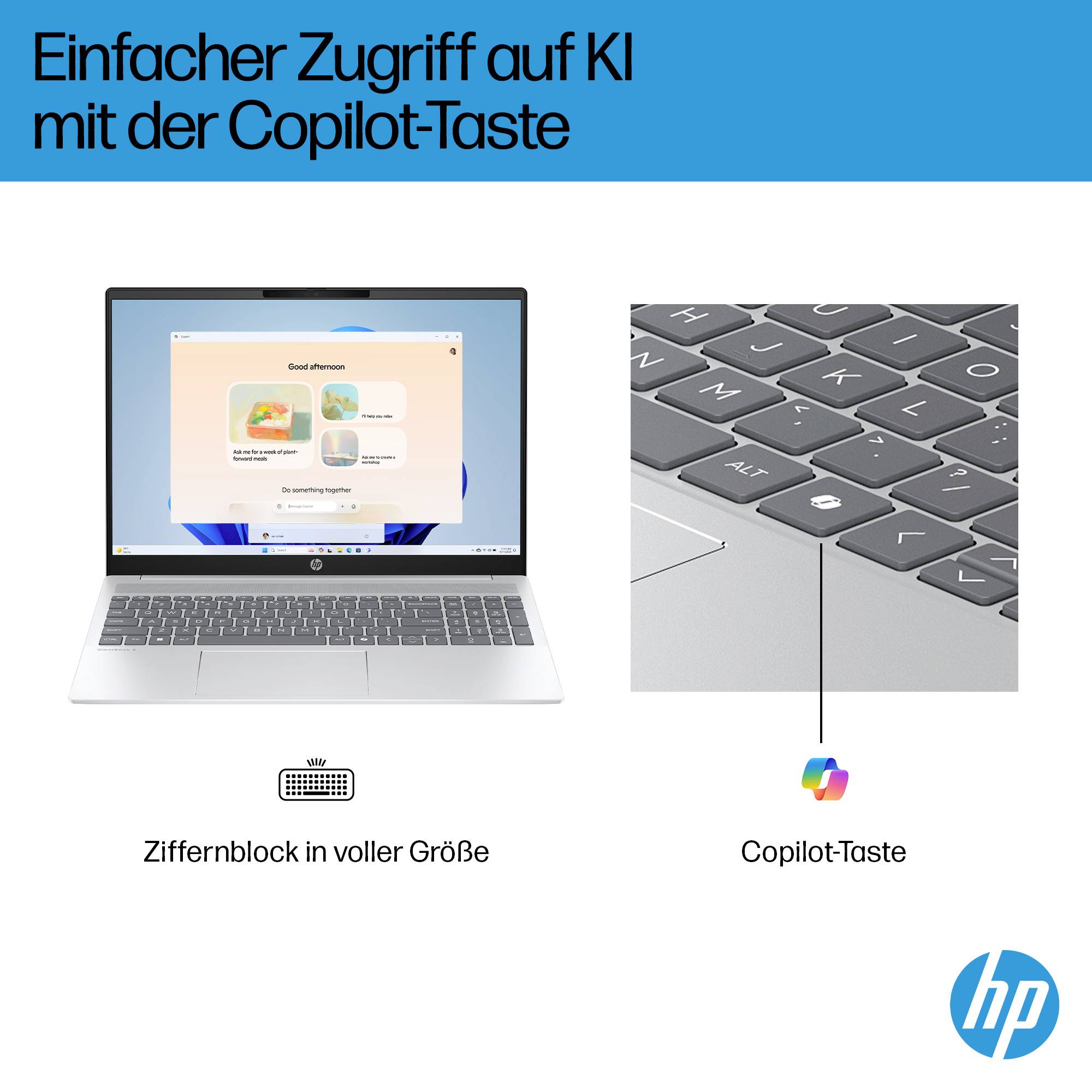 HP-Grafik mit einem Laptop und Nahaufnahme einer Tastatur, die die Copilot-Taste und das vollständige numerische Tastenfeld hervorhebt, mit deutschem Text „Einfacher Zugriff auf KI mit der Copilot-Taste"