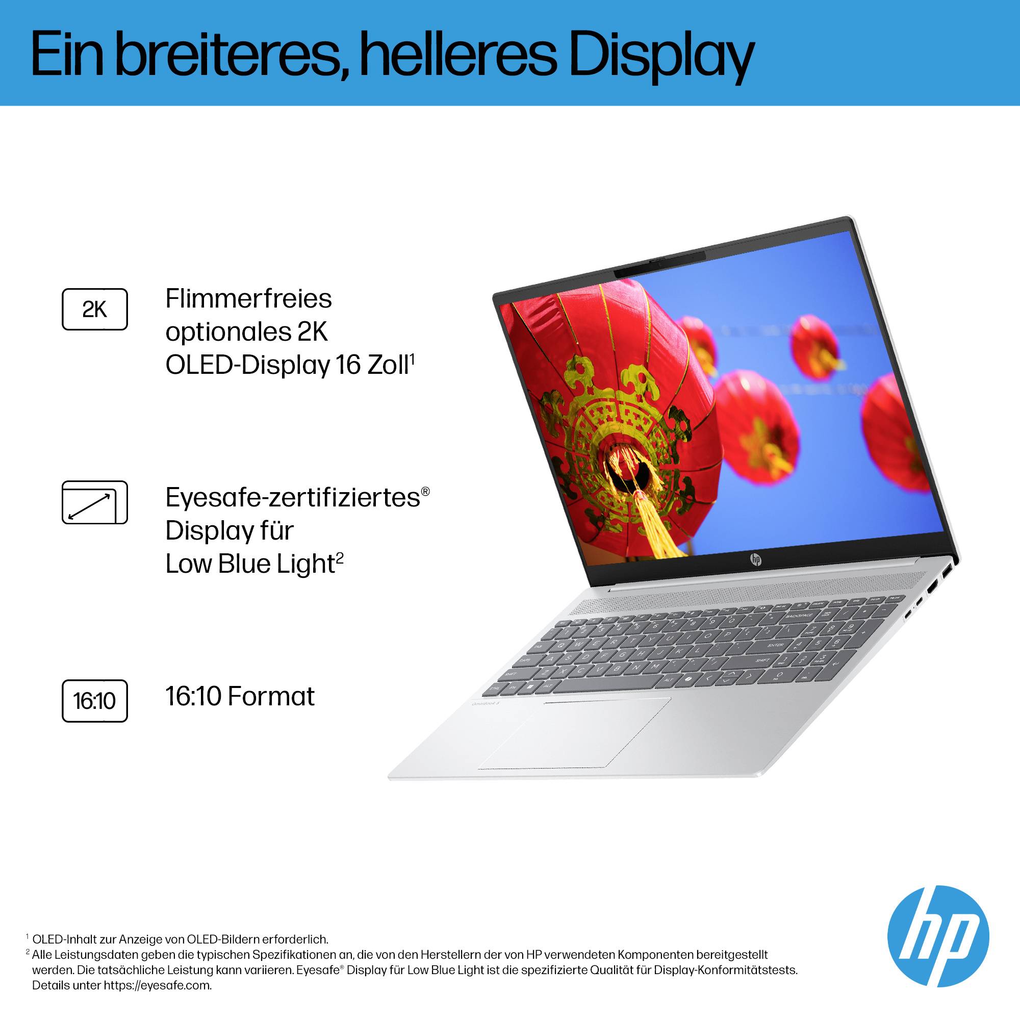 HP-Laptop-Anzeige mit Fokus auf helleres Display: optionales flimmerfreies 2K-OLED mit 16 Zoll, Eyesafe-zertifiziertes blaues Licht reduziert, und 16:10 Seitenverhältnis.