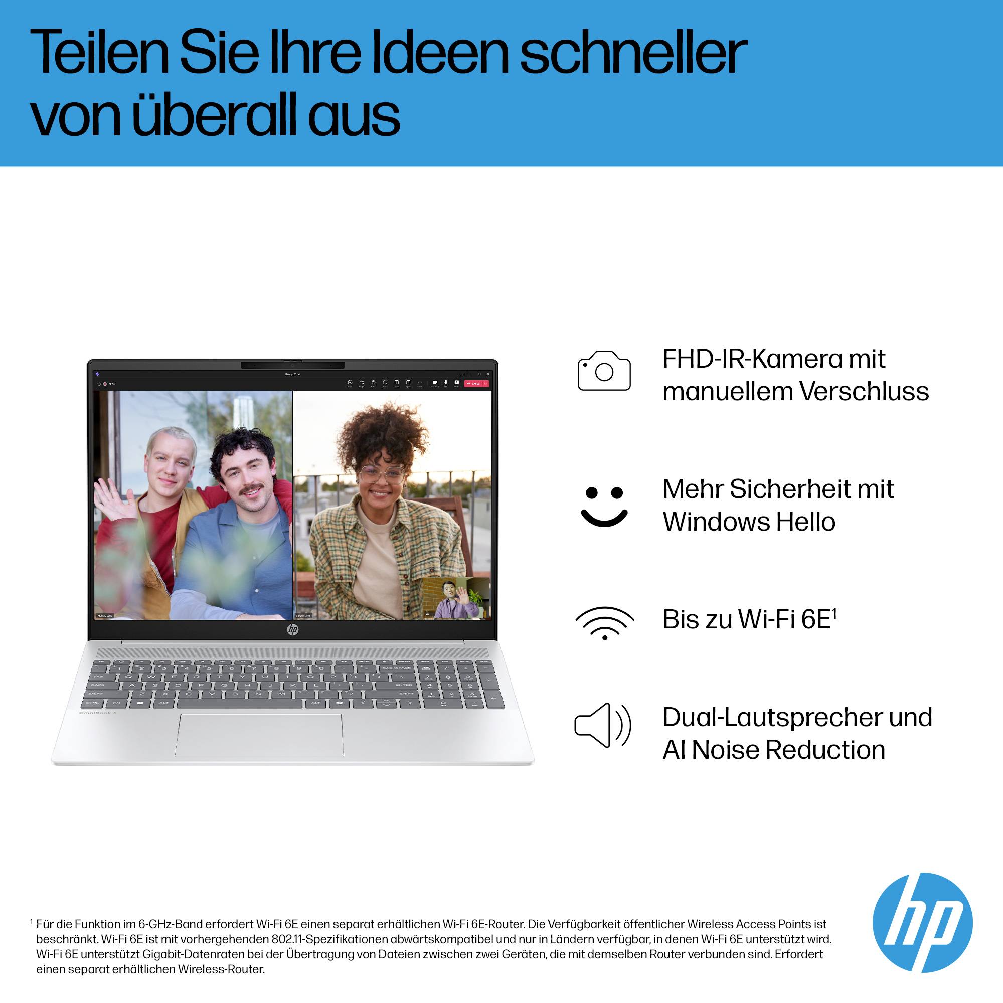 HP Laptop-Anzeige mit einem Notebook, das Videoanruf-Teilnehmer zeigt, und deutschem Feature-Text: FHD-IR-Kamera, Windows Hello, Wi‑Fi 6E, Dual-Lautsprecher mit KI-Geräuschunterdrückung.