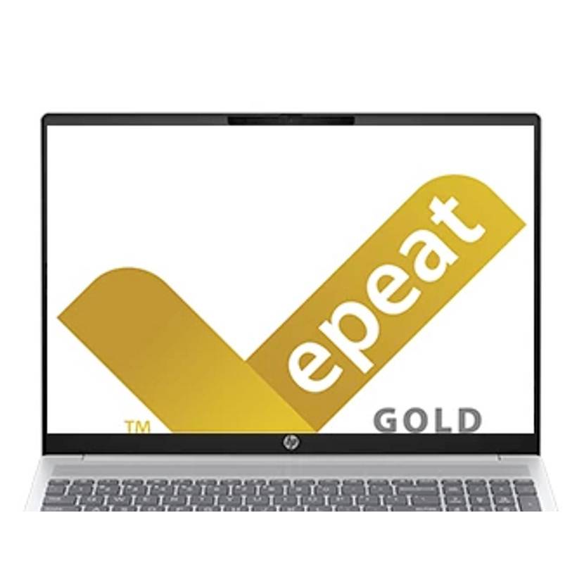 Laptop-Bildschirm zeigt das Logo „EPEAT GOLD" mit einem goldenen Häkchen auf weißem Hintergrund.