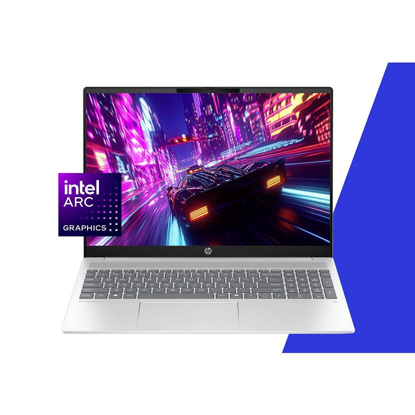 Silberner HP-Laptop, der eine Neon-Stadt-Rennszene anzeigt, mit einem Intel Arc Graphics-Abzeichen auf der linken Seite.