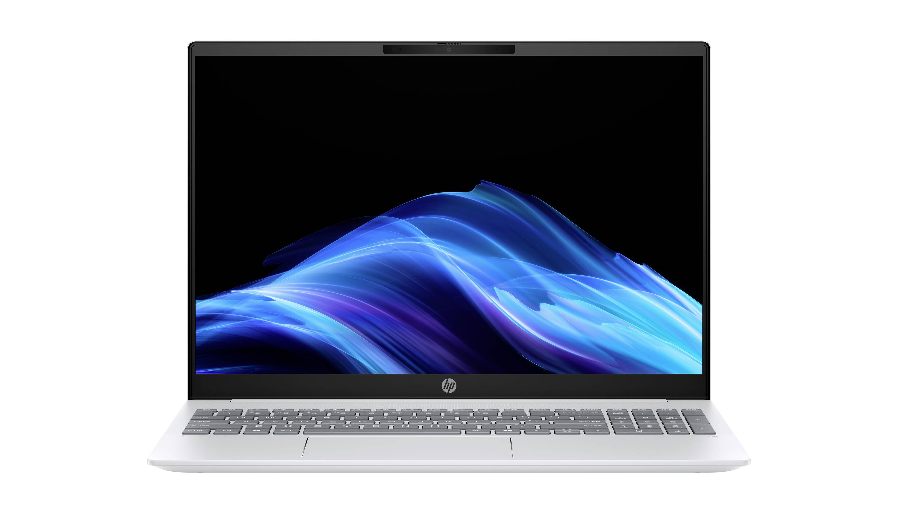 Silbernes HP-Laptop mit schwarzem Bildschirm, der blaue abstrakte Wellengrafiken anzeigt.