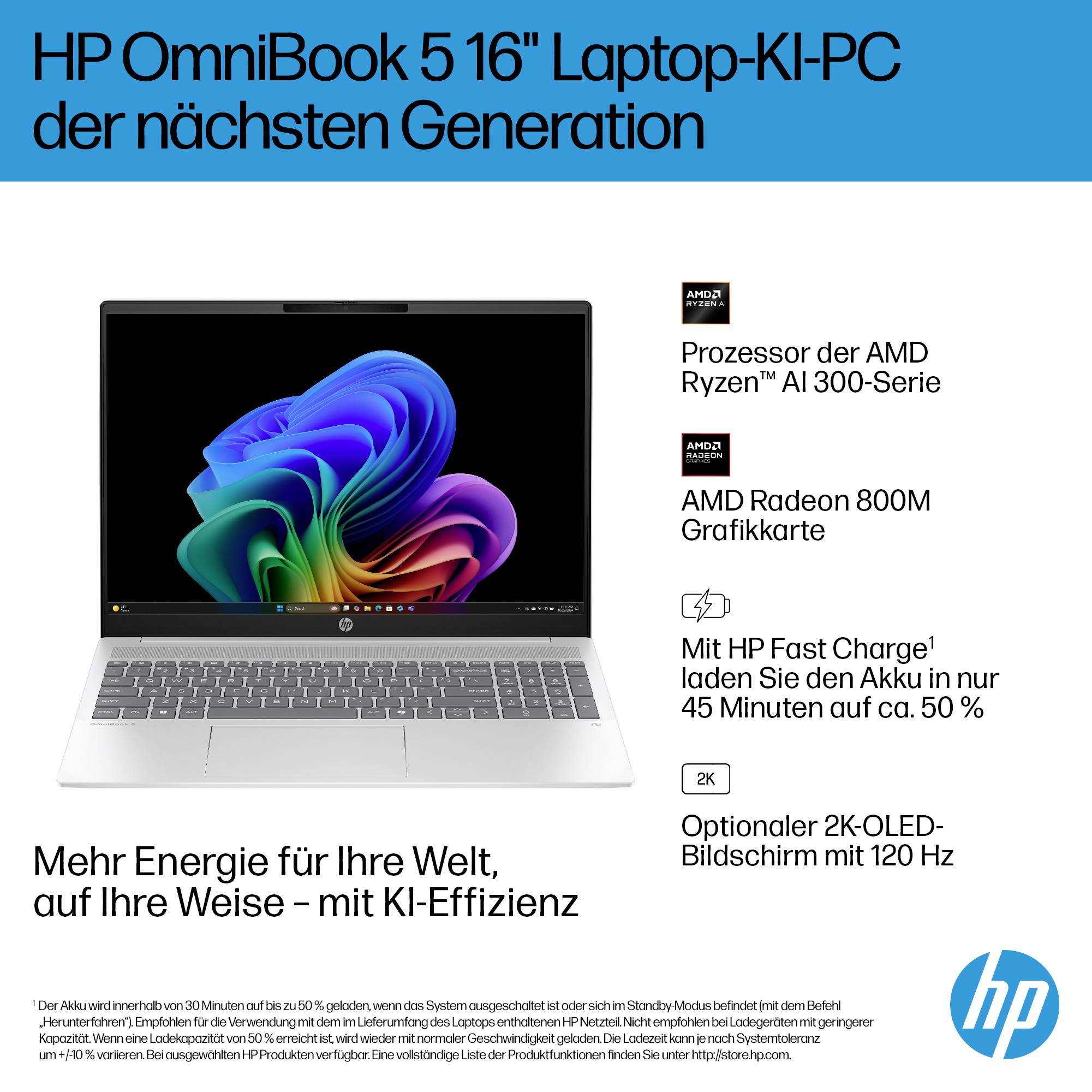 HP OmniBook 5 16 Laptop-Anzeige auf Deutsch, mit einem silbernen Notebook und wichtigsten Spezifikationen: AMD Ryzen AI 300, Radeon 800M, schnelladesystem, optionales 2K OLED 120 Hz Display.