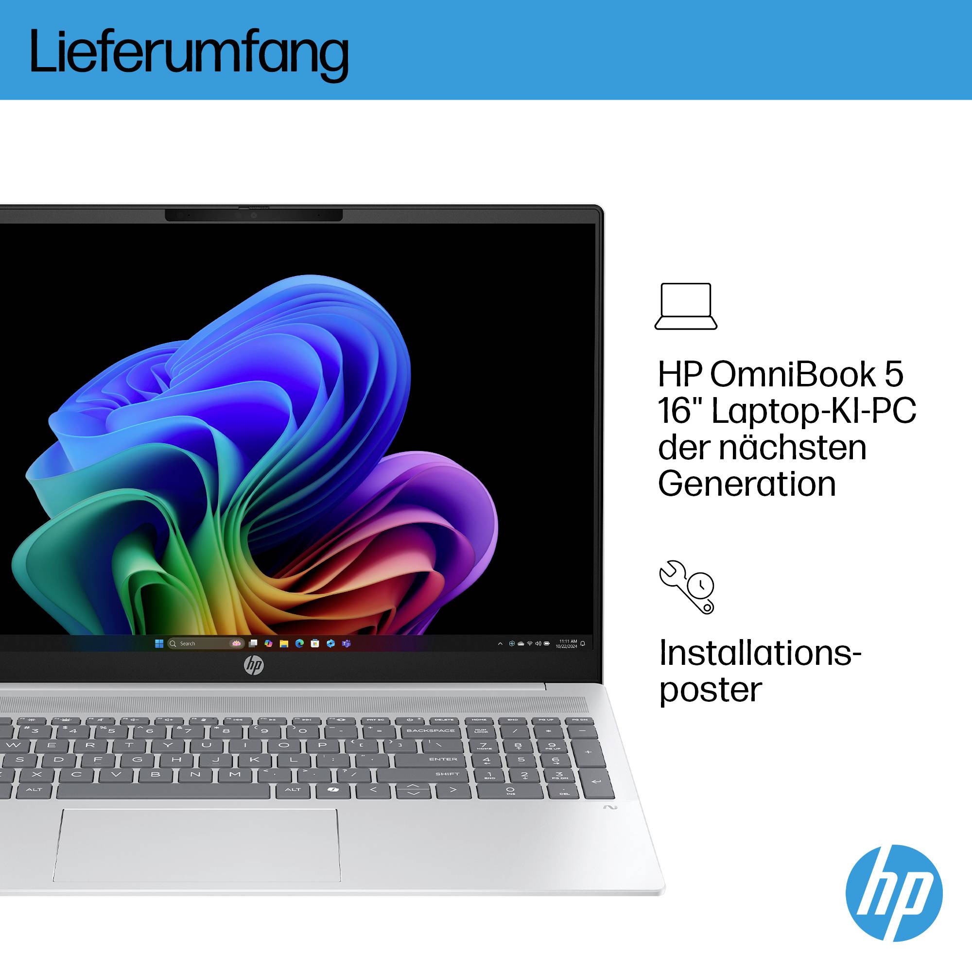 HP OmniBook 5 16-Zoll-Laptop mit Auflistung des "Lieferumfang" zeigt das Gerät und ein "Installationsposter"; HP-Logo unten rechts.