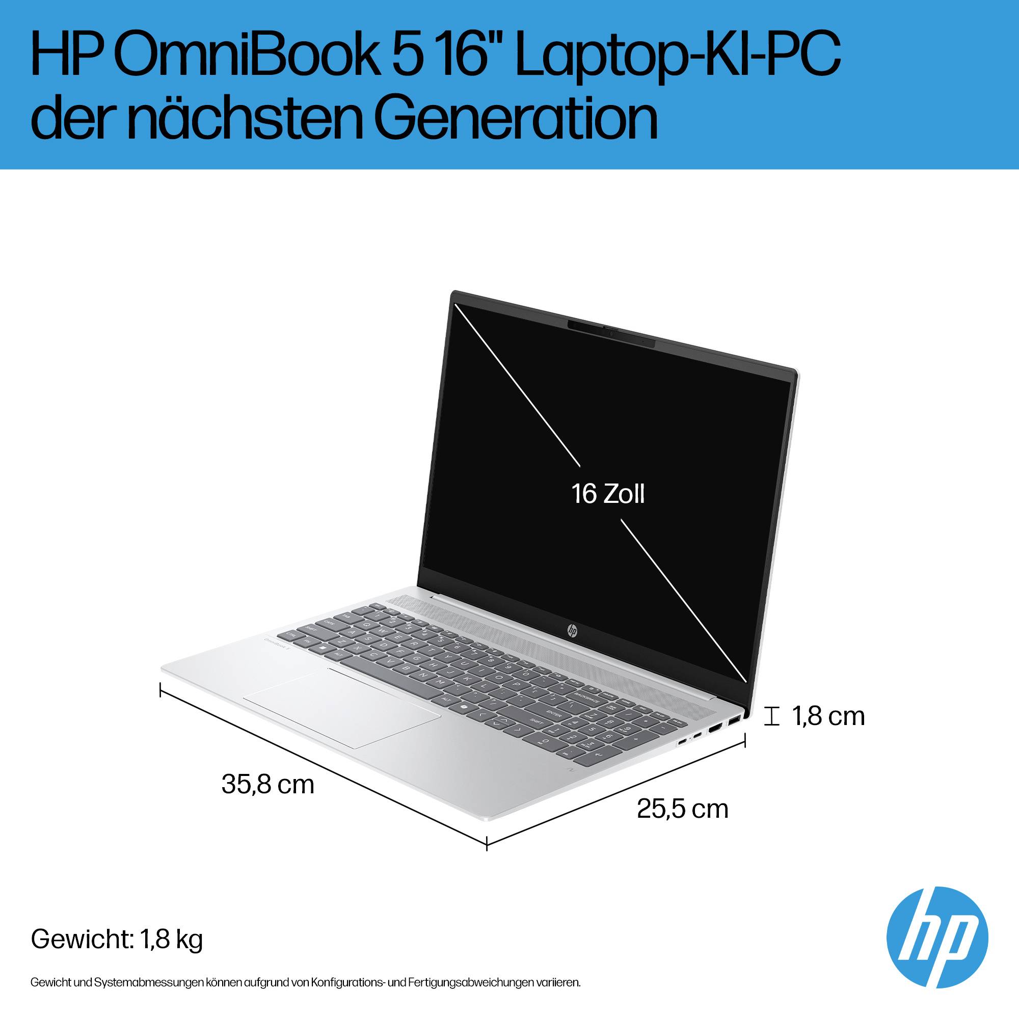 HP OmniBook 5 16 Laptop in Schrägansicht mit 16-Zoll-Bildschirm, Größe 35,8 x 25,5 cm, 1,8 cm dick, 1,8 kg Gewicht.