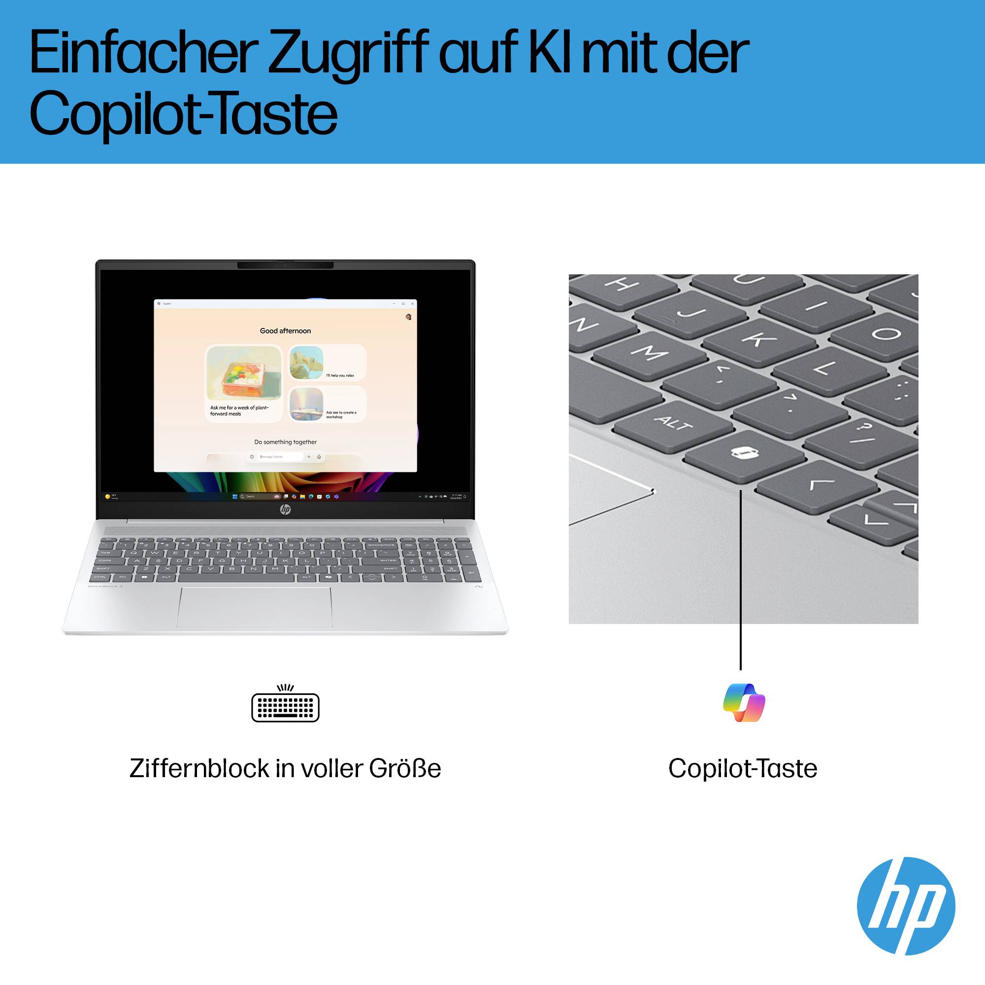 HP-Anzeige zeigt einen Laptop mit einem vollwertigen numerischen Tastenfeld und eine Nahaufnahme der Copilot-Taste; die Überschrift lautet „Einfacher Zugriff auf KI mit der Copilot-Taste".