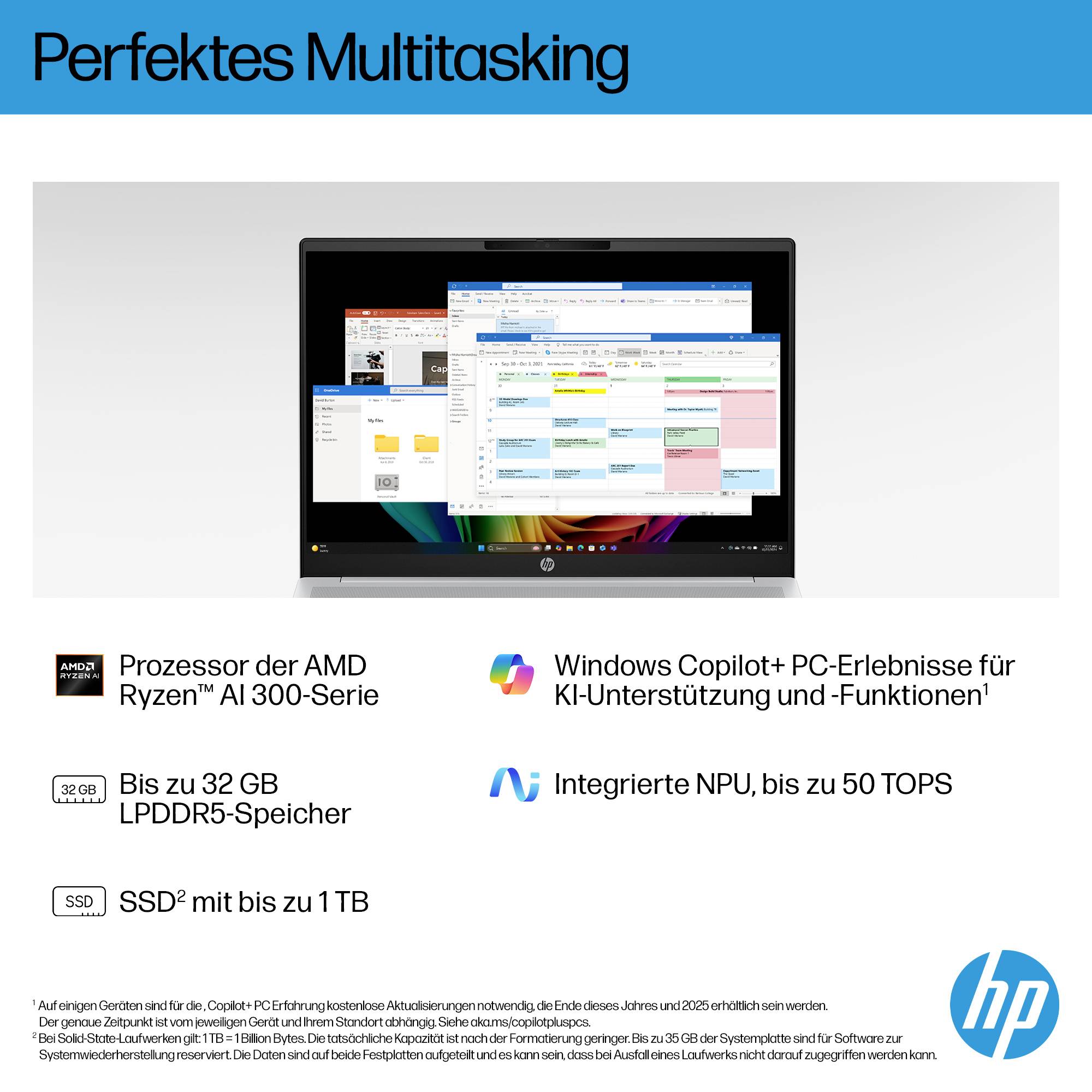 HP Werbebilder mit dem Titel „Perfektes Multitasking", das einen Laptop mit mehreren offenen Fenster zeigt und den AMD Ryzen AI 300, Windows Copilot+ KI-Funktionen, bis zu 32 GB LPDDR5-Speicher und bis zu 1 TB SSD hervorhebt.
