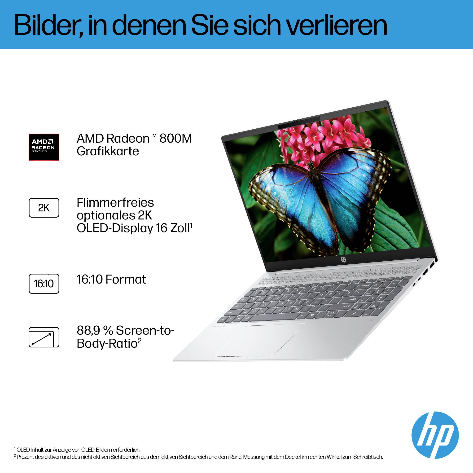 HP-Laptop-Anzeige mit 16-Zoll-2K-OLED-Display, AMD Radeon 800M-Grafik, 16:10-Format und 88,9% Bildschirm-zu-Gehäuse-Verhältnis.