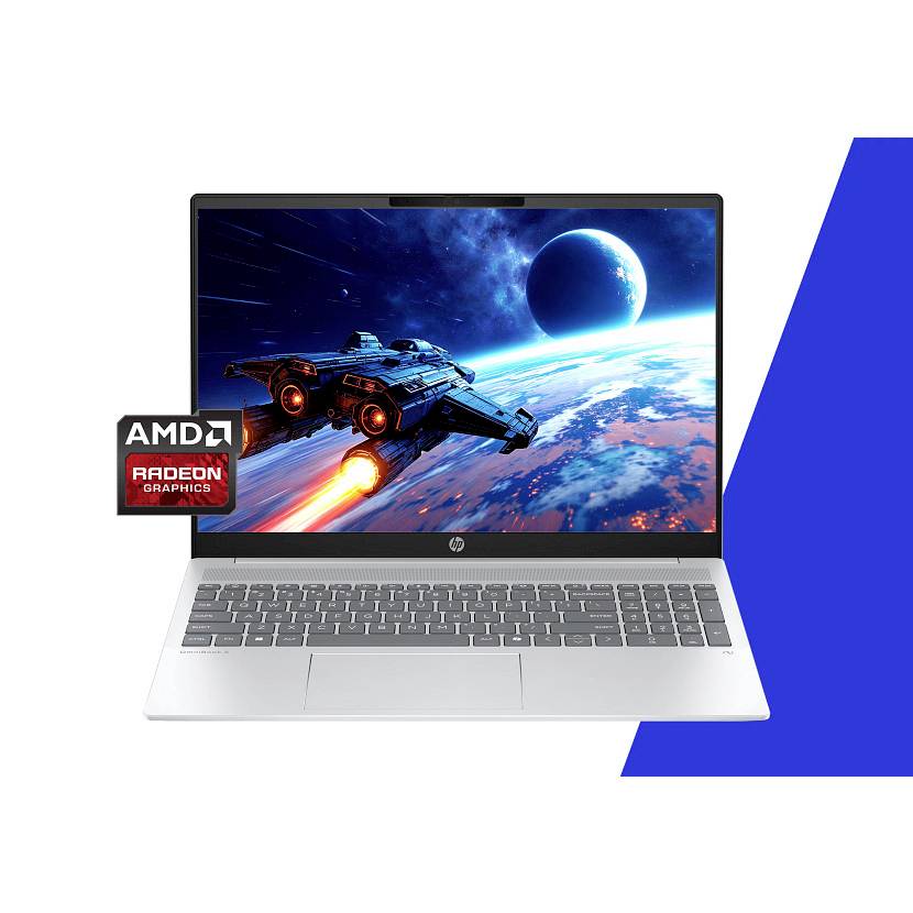 Silberner HP-Laptop mit einem Weltraum-Spiel auf dem Bildschirm und einem AMD Radeon Graphics-Abzeichen, gezeigt auf weißem Hintergrund mit blauer Akzentform.