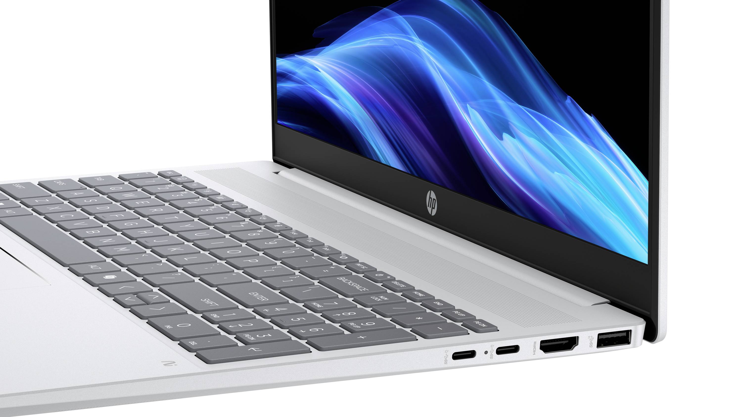 Silberner HP-Laptop, offen in einem Winkel dargestellt, mit hervorgehobener Tastatur, Bildschirm und Anschlüssen auf der rechten Seite.