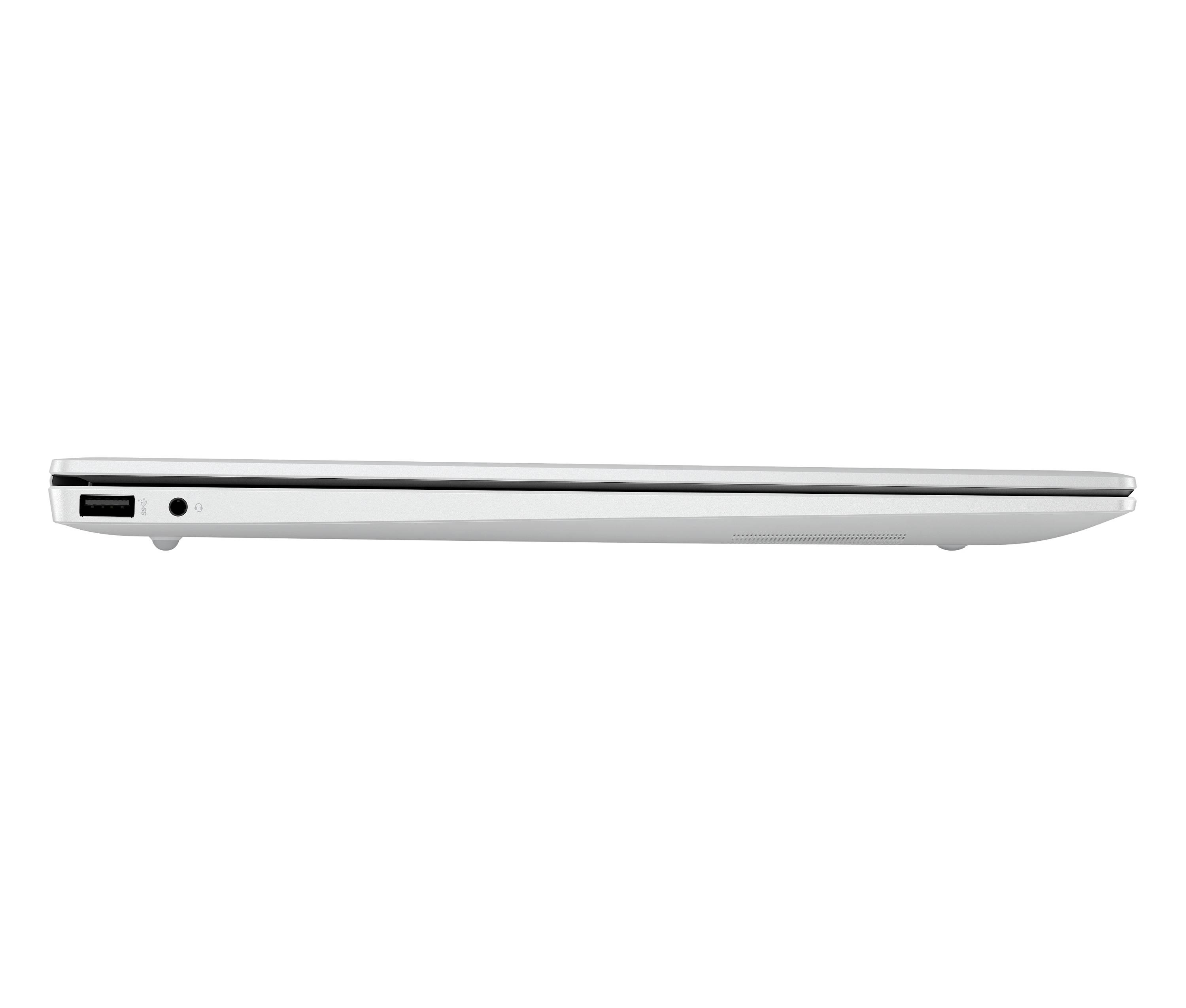 Seitenansicht eines schlanken silbernen Laptops, die sein dünnes Profil und die Anschlüsse auf der linken Seite vor weißem Hintergrund zeigt.