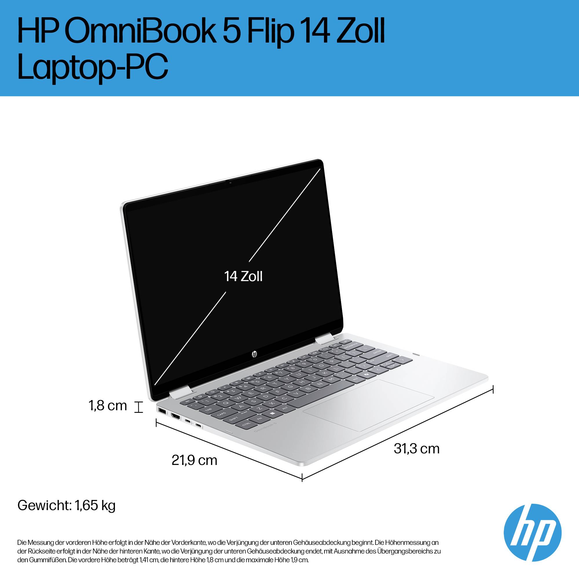HP OmniBook 5 Flip 14-Zoll-Laptop in offener Seitenansicht mit 14-Zoll-Bildschirm, Abmessungen 31,3 cm x 21,9 cm x 1,8 cm, Gewicht 1,65 kg.