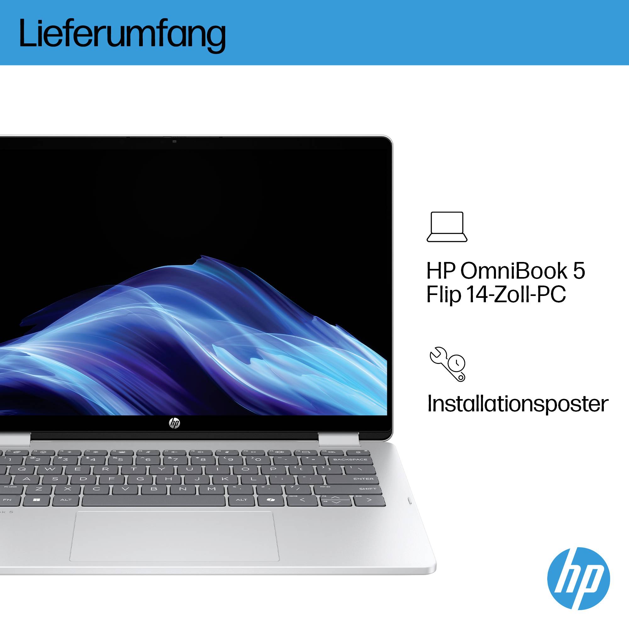 HP OmniBook 5 Flip 14-Zoll-PC Paketinhalt: Laptop und Installationsplakat.