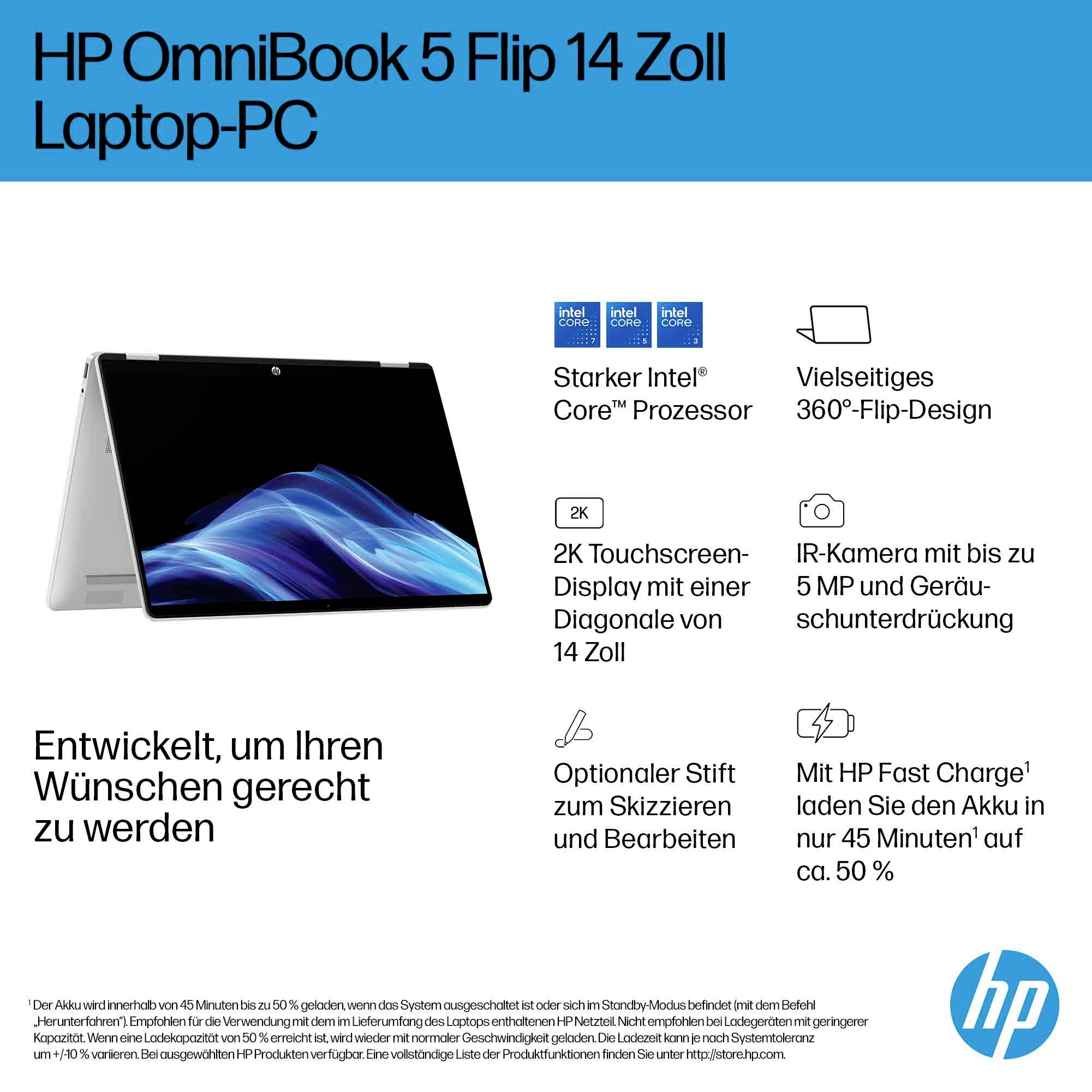 HP OmniBook 5 Flip 14 Laptop-Anzeige mit 2K 14-Zoll-Touchscreen, Intel Core-Prozessor, 360°-Flip-Design, IR-Kamera, optionalem Stift und schnellem Laden.