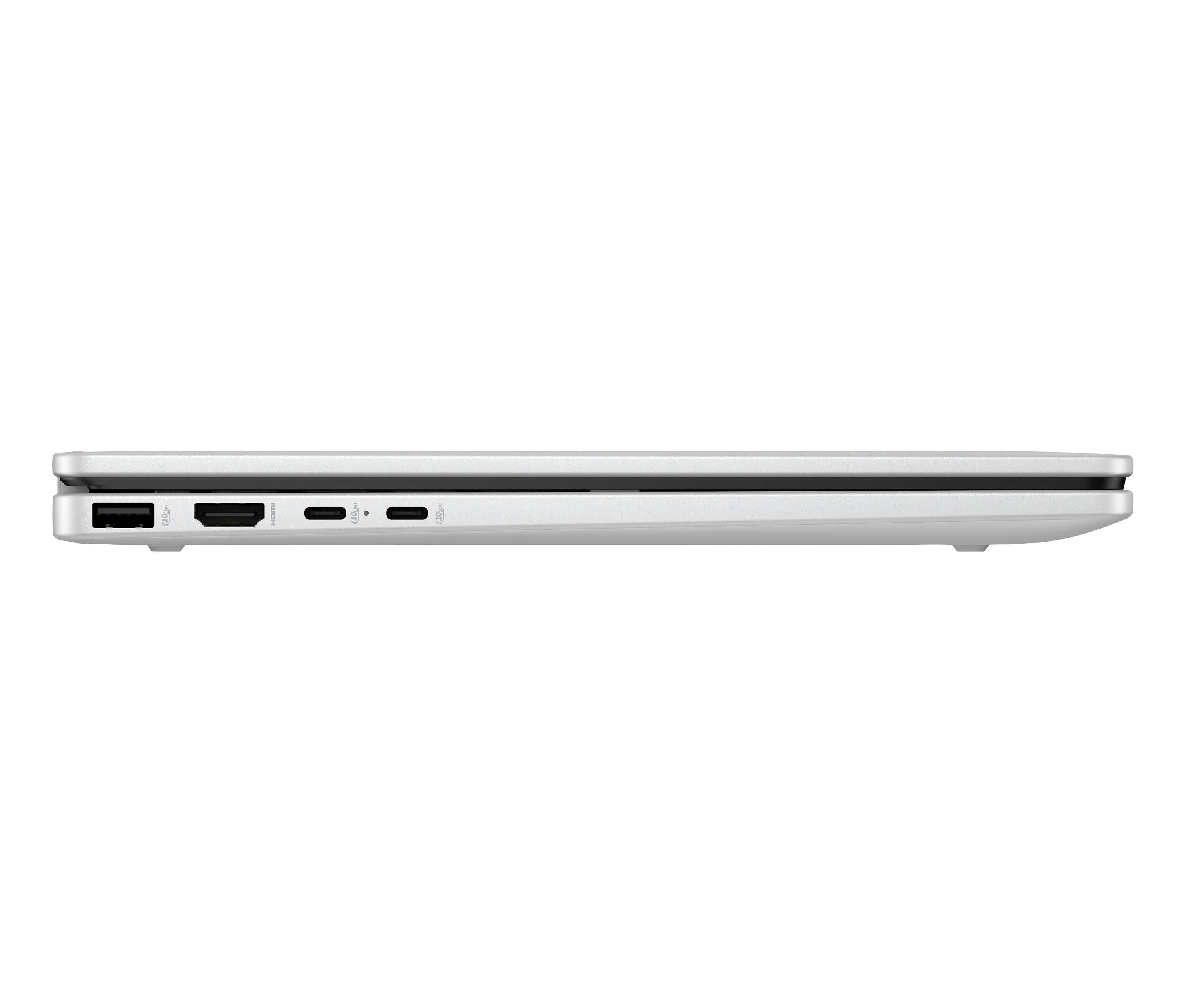 Seitenansicht eines schlanken silbernen Laptops, die die linke Kante mit Anschlüssen und geschlossenem Deckel zeigt.