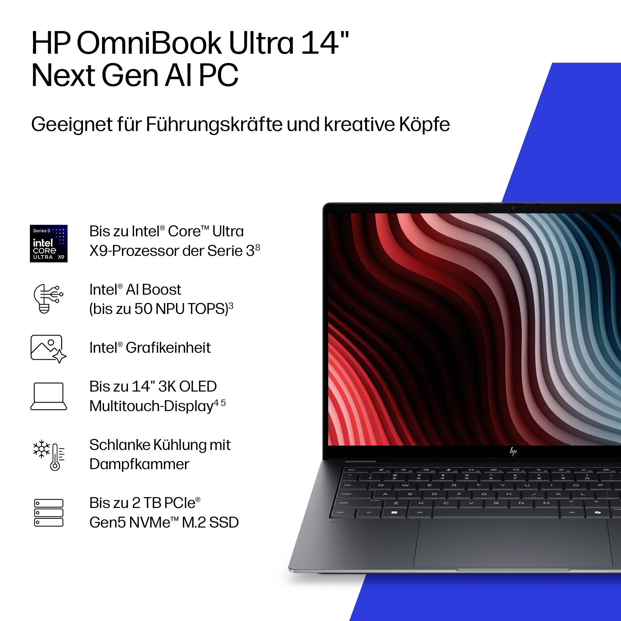 HP OmniBook Ultra 14 Next Gen AI PC Anzeige mit einem Laptop und deutscher Funktionsliste: Intel Core Ultra 9 Prozessor, AI Boost, Intel Grafik, 14-Zoll 3K OLED Touch-Display, Kühlung, bis zu 2 TB SSD.