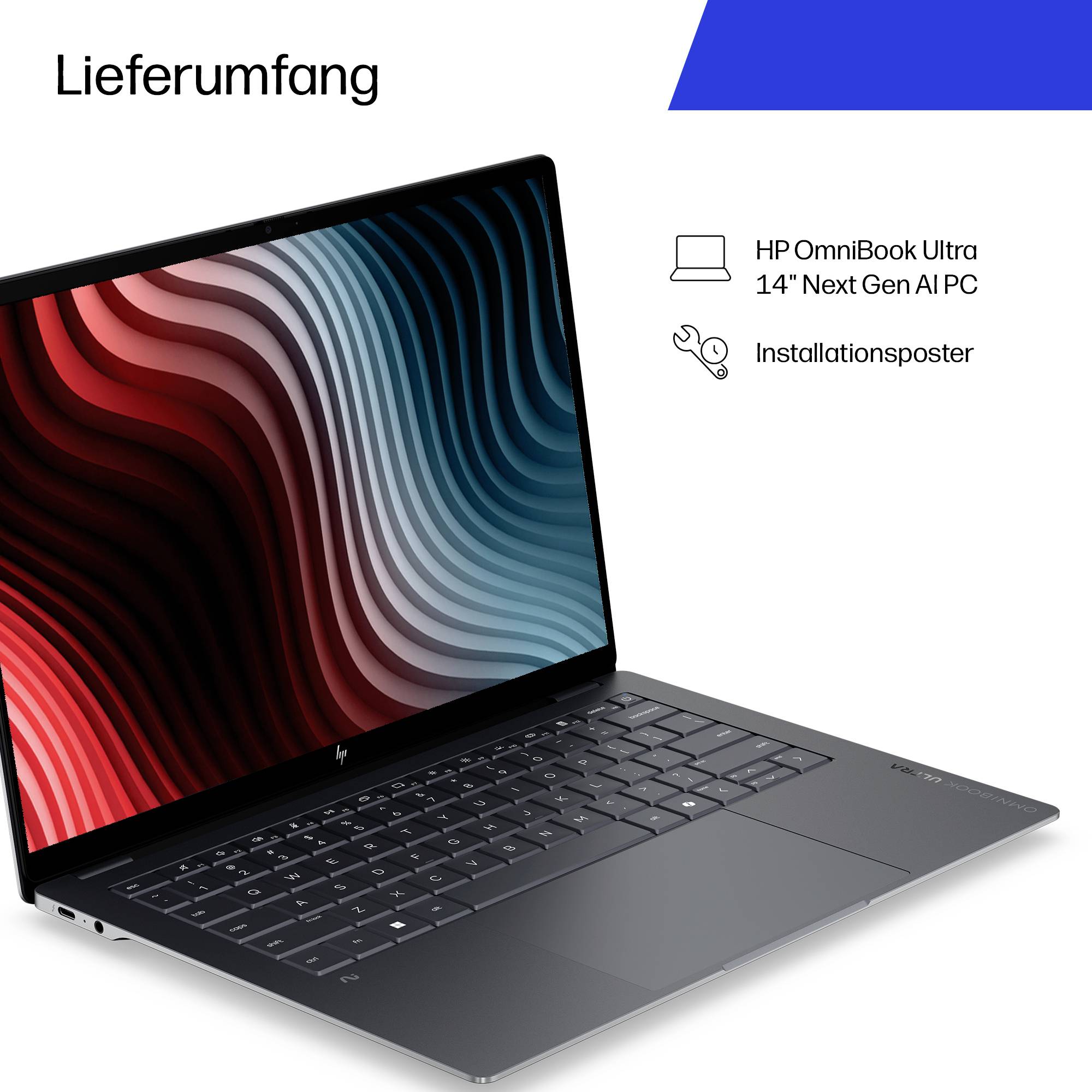 HP OmniBook Ultra 14' Next Gen AI PC mit 'Lieferumfang' und beigefügtem 'Installationsposter' Text neben einem Laptop-Bild.