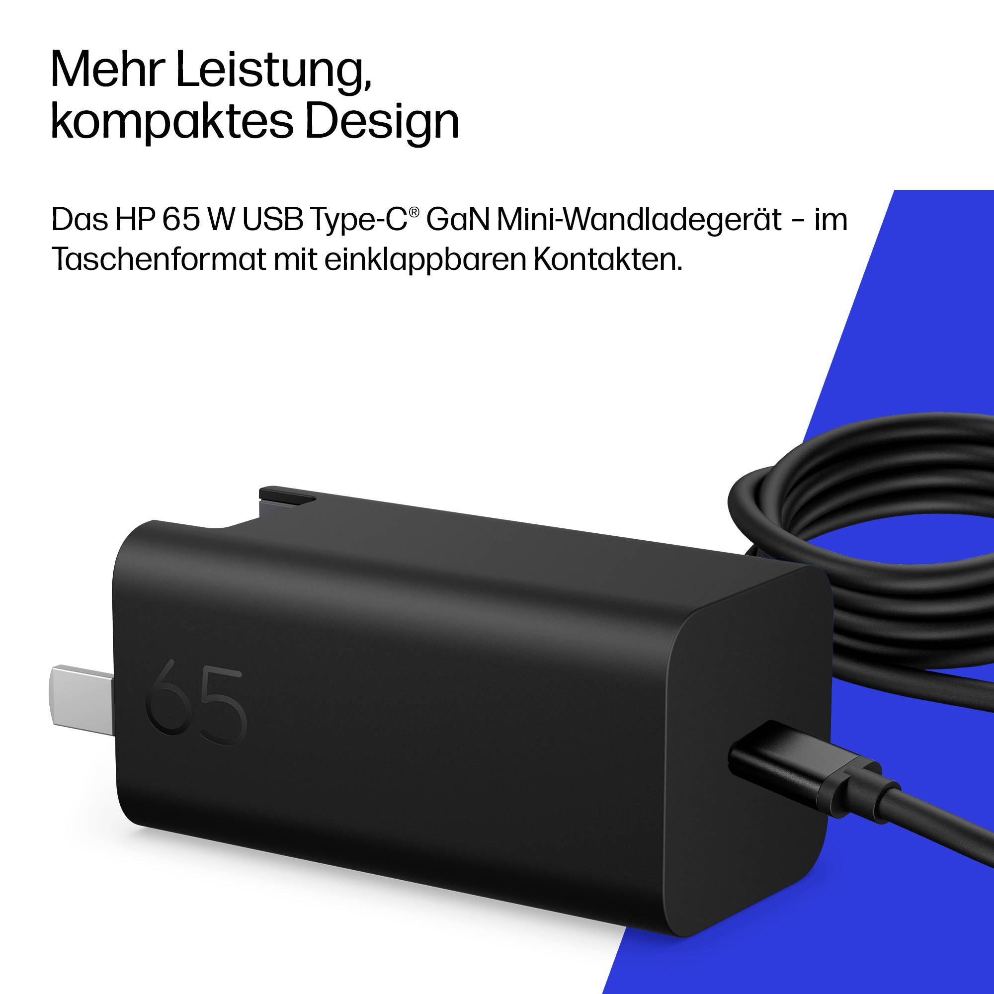HP 65W USB-C GaN Mini-Wandladegerät mit klappbaren Steckern und Kabel, gezeigt im kompakten schwarzen Design; deutscher Text bewirbt „Mehr Leistung, kompaktes Design".